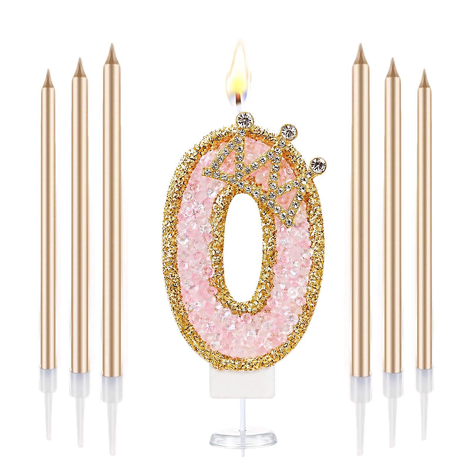 Crown Number Birthday Candles, Glitter Pink Gold Birthday Candle with 6 Pcs Long Candles, Stylish Princess Themed Cake Topper for Girls Birthday Party Supplies (0 Candle)