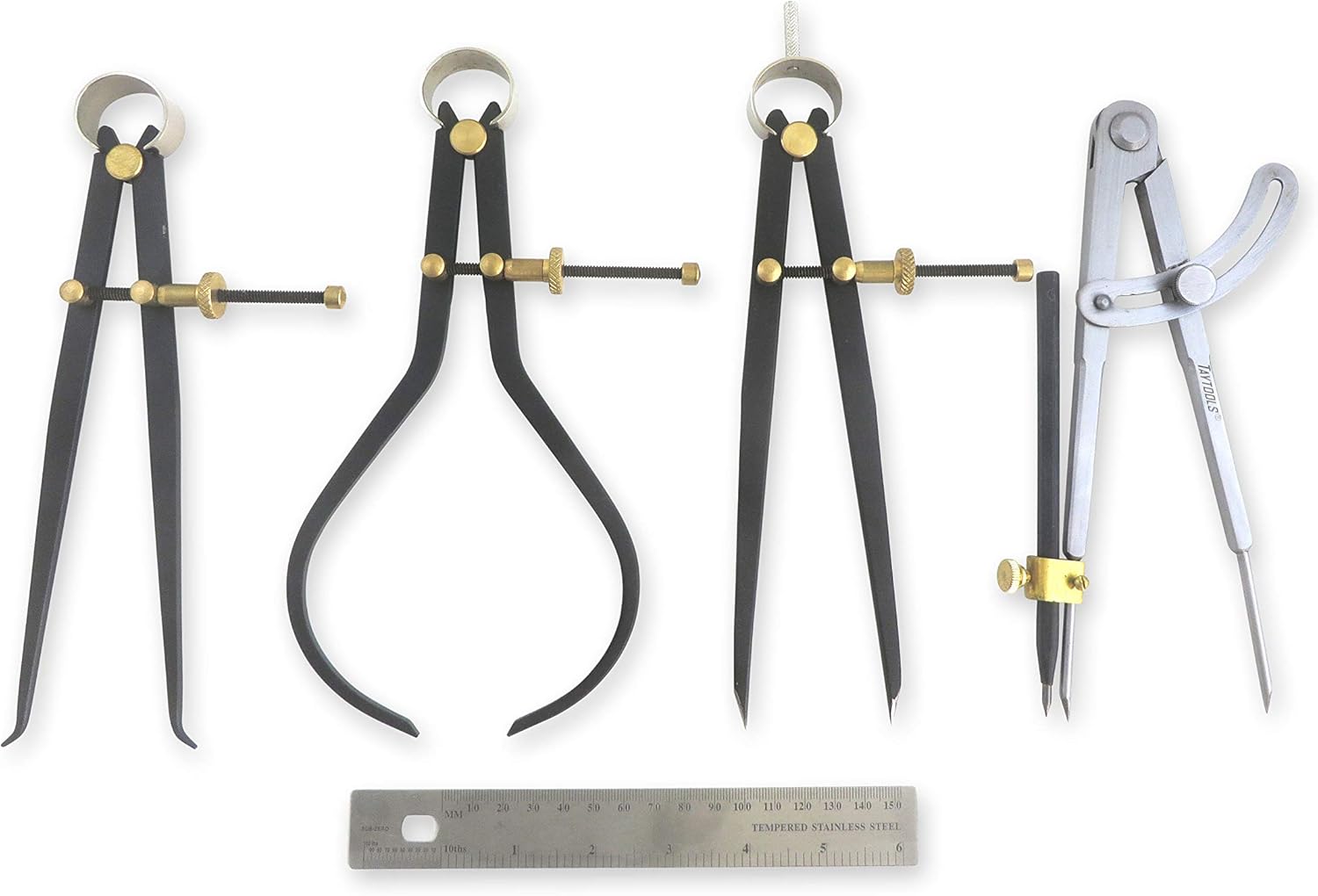 Taytools 776636 Deluxe 5 Piece Measuring Set/Kit with 8-inch Spring Dividers, Inside & Outside Calipers, Pocket Rule and Firm Joint Dividers/Compass with Carbide Scriber