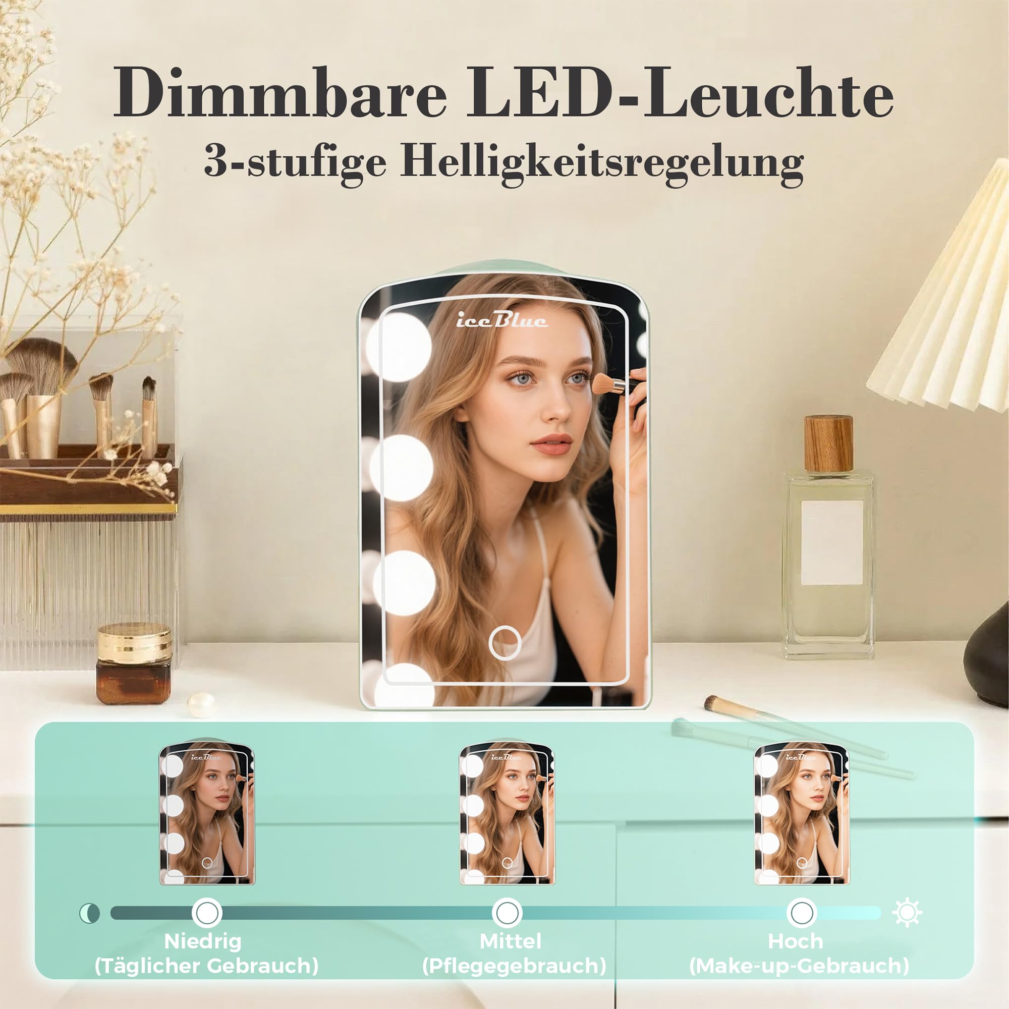 Iceblue Mini-Kühlschränke, Hautpflege Kühlschrank mit verstellbarer LED-Licht, 4L / 6Dosen Kompakt Make-up-Kühlschrank für Kosmetik & Getränke, kleiner Kühler für Zuhause, Auto, Geschenke (Grün)