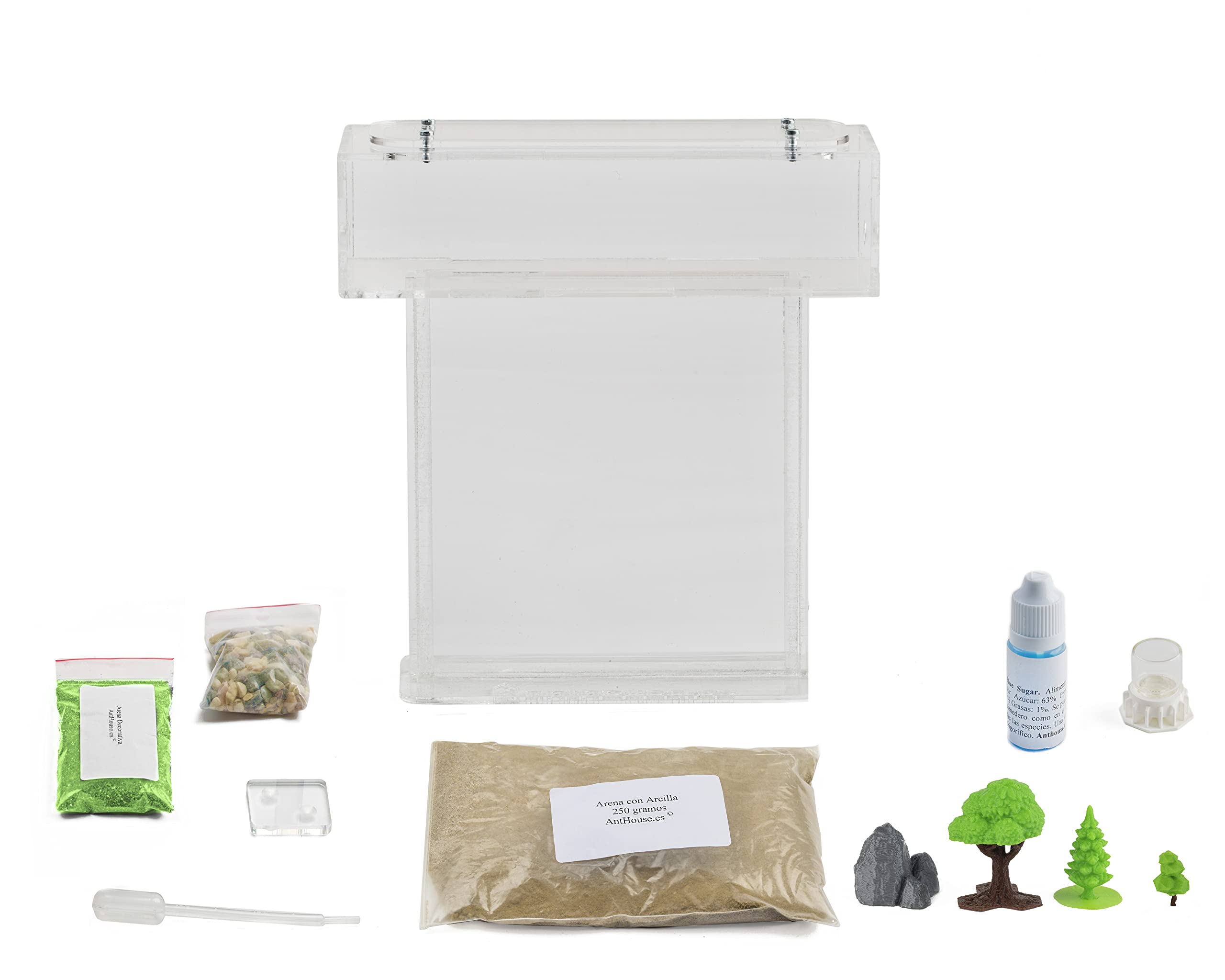 Anthouse.es - Kit Hormiguero Acrílico de Arena en Forma de T - Sándwich 15x15x1,5 cm y Caja de Forrajeo - Hormiguero con Hormigas Vivas Incluidas (Reina, Obreras, Huevos y Larvas) - Transparente
