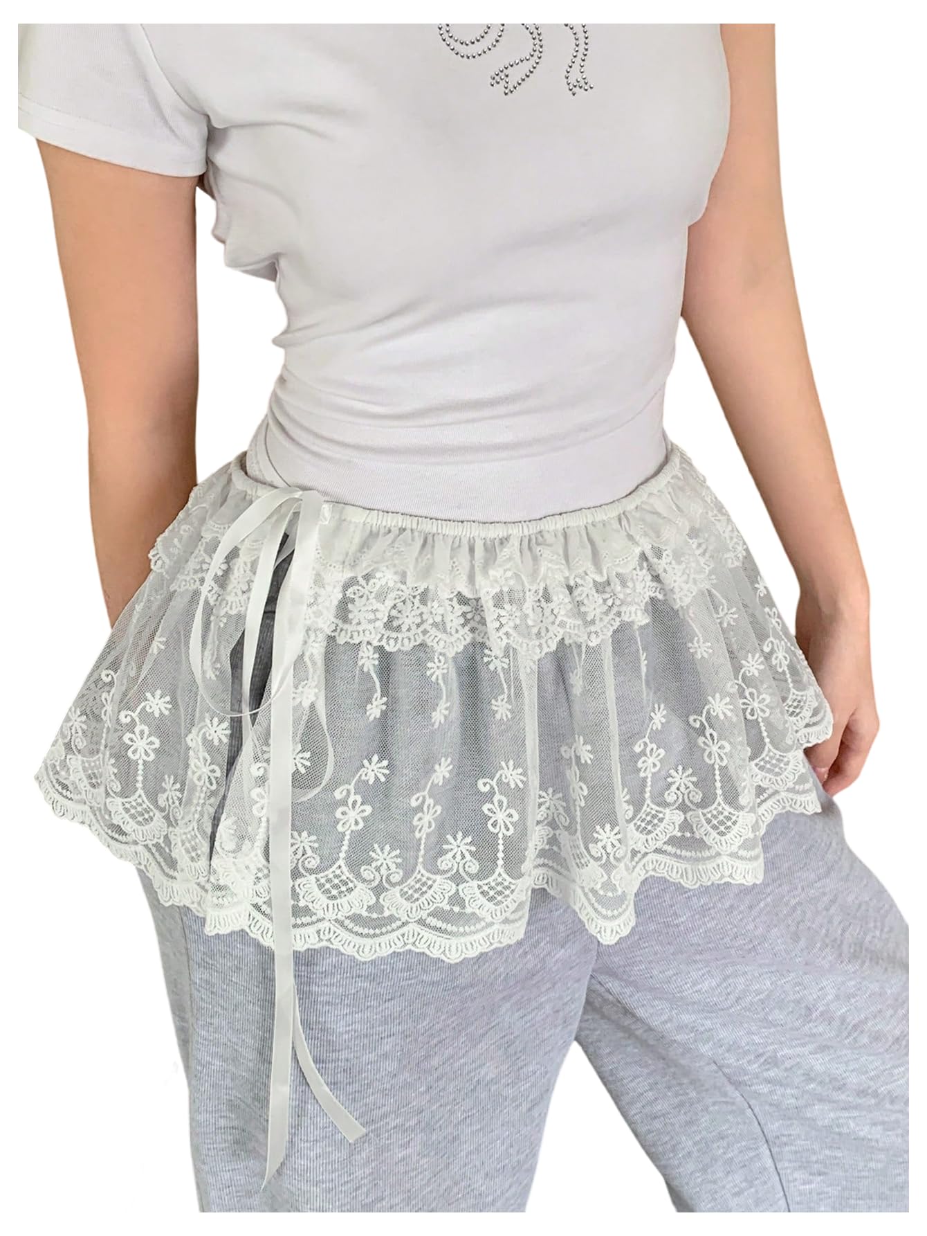 SweatyRocks Womens Sheer Lace Wrap Skirts Tie Side Ruffle Layered Mini Skirt