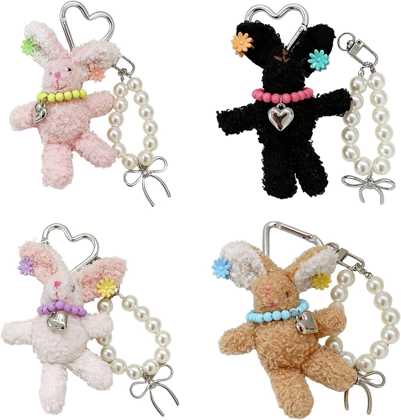 Plush Rabbits Keychain with Pearls Hair Clip, Soft PP Cotton Bag Charm for Backpack Purse Phone Accessory Stylish Pearls Hair image 4