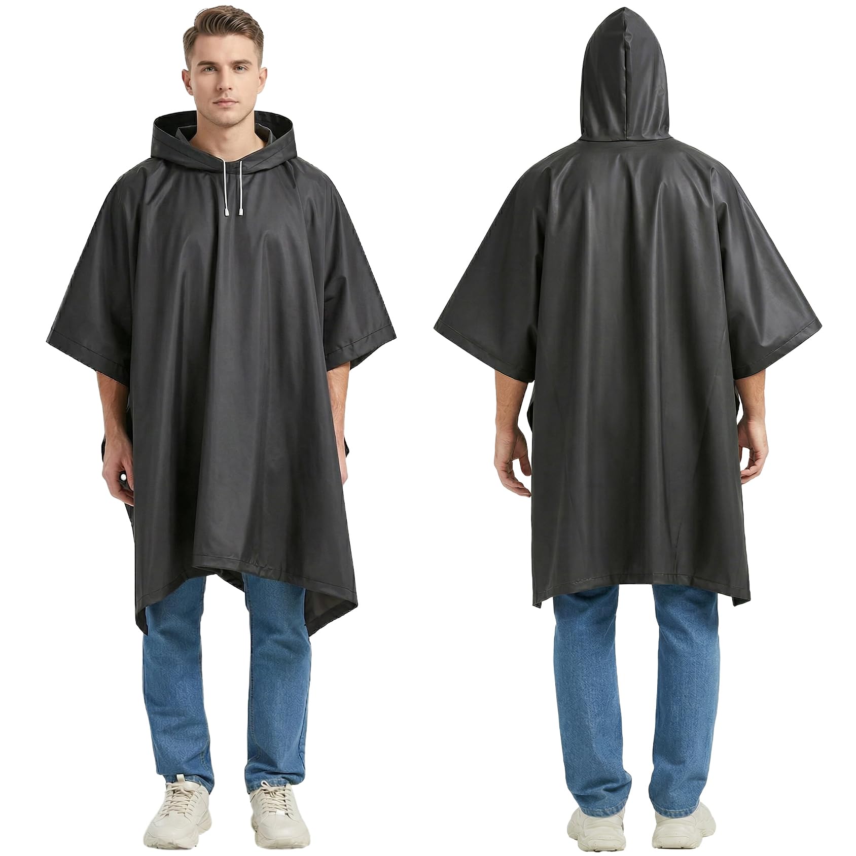Kcmell Unisex Black Rain Poncho For Adult, 2 Pack Portable Waterproof Rain Ponchos For Women And Men, Reusable Eva Raincoat Emergency Rainwear With Hood For Hiking, Traveling, Outdoor Activities (Black)