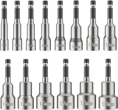 Magnetic Hex Socket Set, 6-19mm, Drill Bit Adapter, 14 Piece