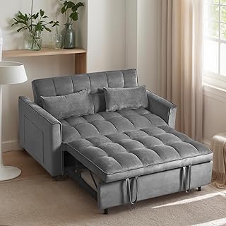 3 in 1 Convertible Sleeper Sofa Bed, 54'' Full Size Velvet Pull Out Futon Couch Recliner with Reclining Backrest & 2 Pillows, Small Loveseat Lounge Couches for Small Spaces (Medium Grey)