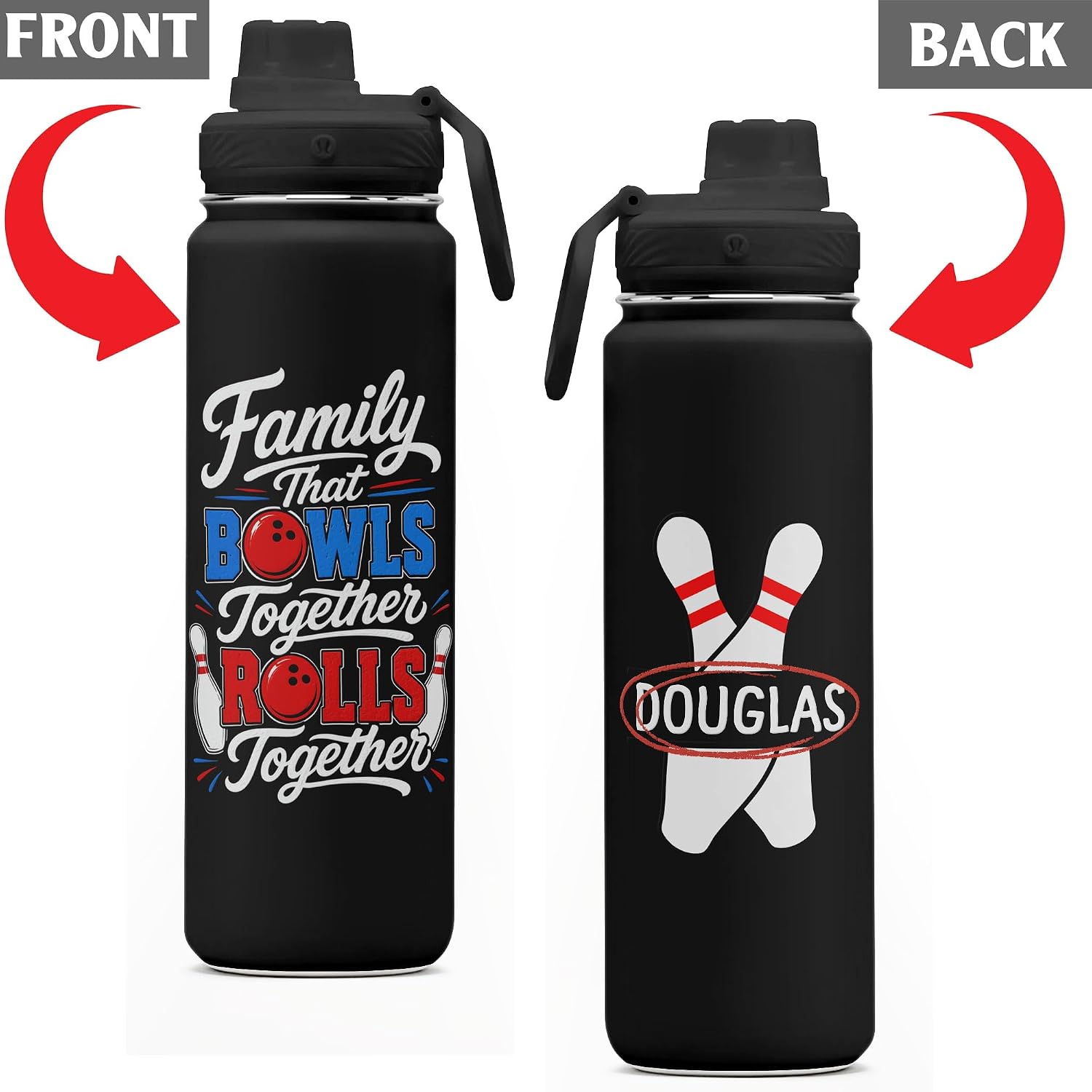 Personalized Family That Bowls Together Rolls Sport Bottle Custom 24oz Straw Water Bottle Carabiner Bowling League Accessories Present Idea Bowling Enthusiast image 2