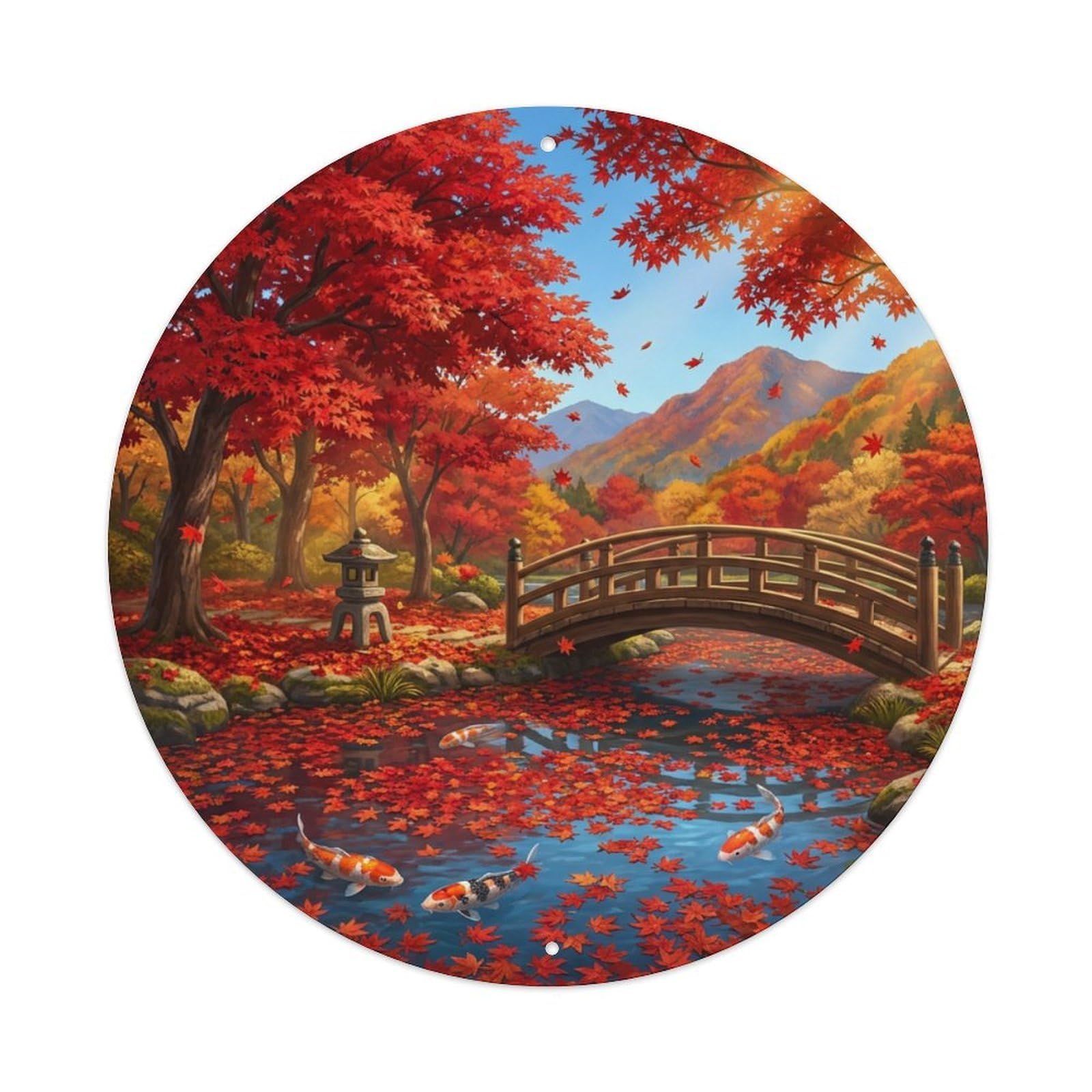 Galvaxio Style Japanese Koi Fish Crimson Maple Autumn Peak Metal Tin Sign