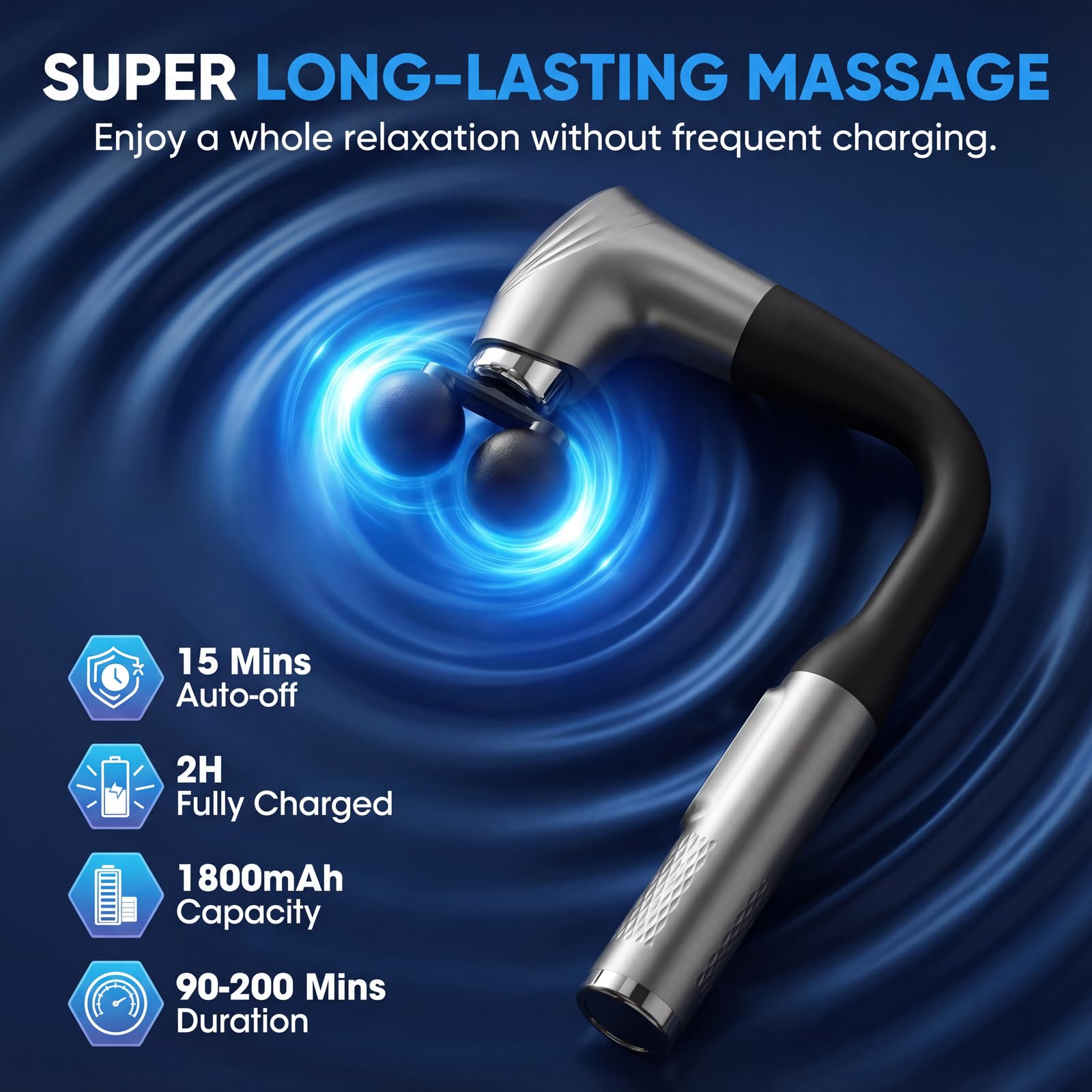 Massagepistole mit langem Griff für Rücken und Schultern, ergonomisches Tiefengewebe-Massagegerät, U-förmiges Doppelkopf-Percussion-Muskelmassagegerät, 12 Geschwindigkeiten mit 5 Köpfen