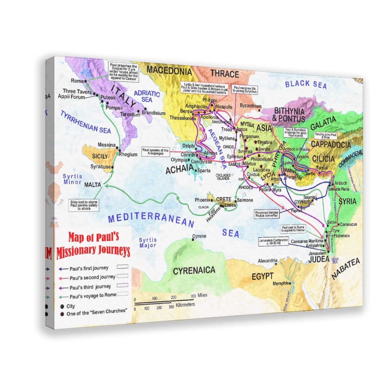 Paul’s Missionary Journeys Bible Poster: Canvas Poster Wall Art Decor Print Picture Paintings, Detailed Bible Story Map Poster for Classroom and Religious Home Decor, 24x36inch(60x90cm) Frame
