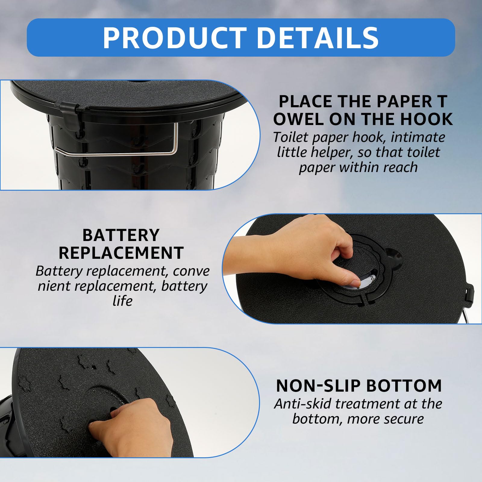 Toilettes portables rétractables, réglables en hauteur, 33 × 34 cm, légères, seau de camping doux avec porte-papier toilette pour voyage, camping, pêche, randonnée
