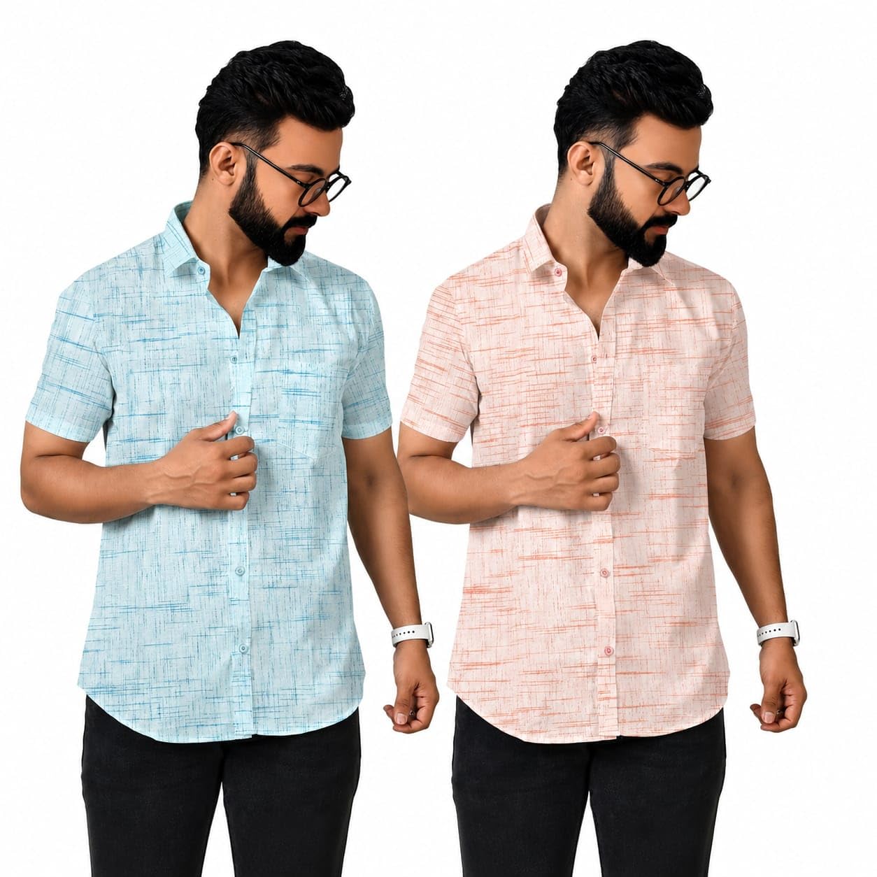 Men's Khadi Cotton Regular Fit Half Sleeves Striped Casual Shirts (Pack of 2)-picture-32