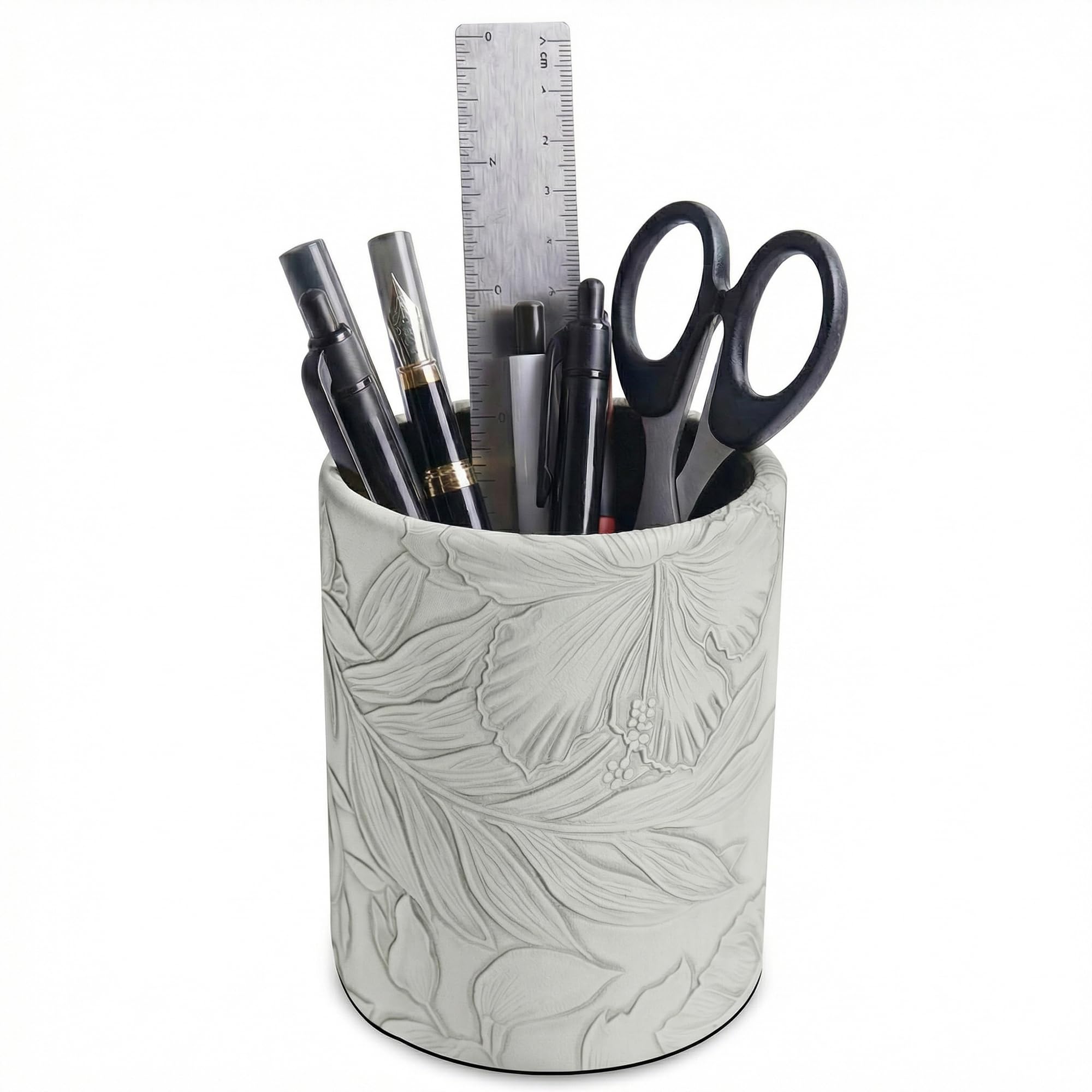 Czzmy PU Leather Pen Holder Round Flash Makeup Brush Holder Desktop Pencil Storage Holder Gift for Desk Office Classroom Home(1-Carved Grey)
