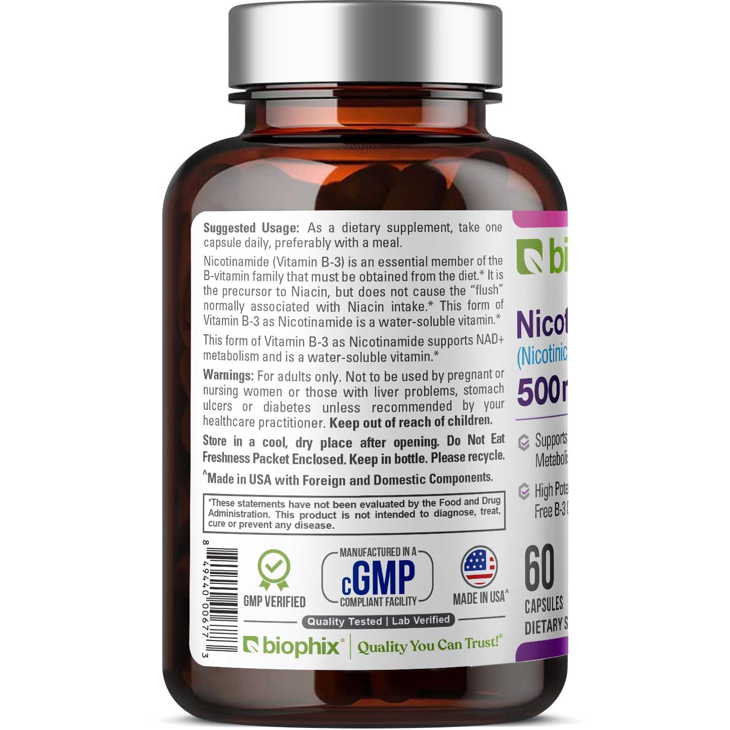 biophix B-3 Nicotinamide 500 mg 60 Caps - Nicotinic Amide Niacin Natural Flush-Free Vitamin Formula - Supports Skin Cell Health — Amazon image 2