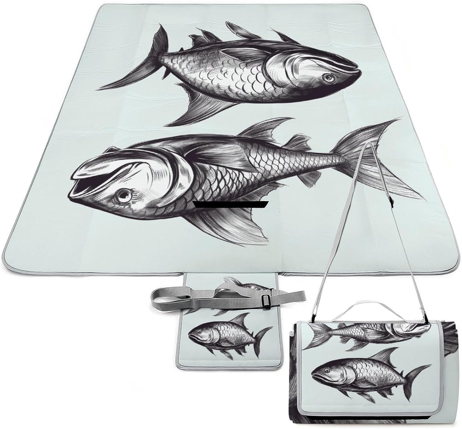 Sketch Fish Outdoor Mat Foldable ，Beach Blanket Waterproof Surface，Easy to Clean Travel Blanket， for Spring and Summer Grassland Camping