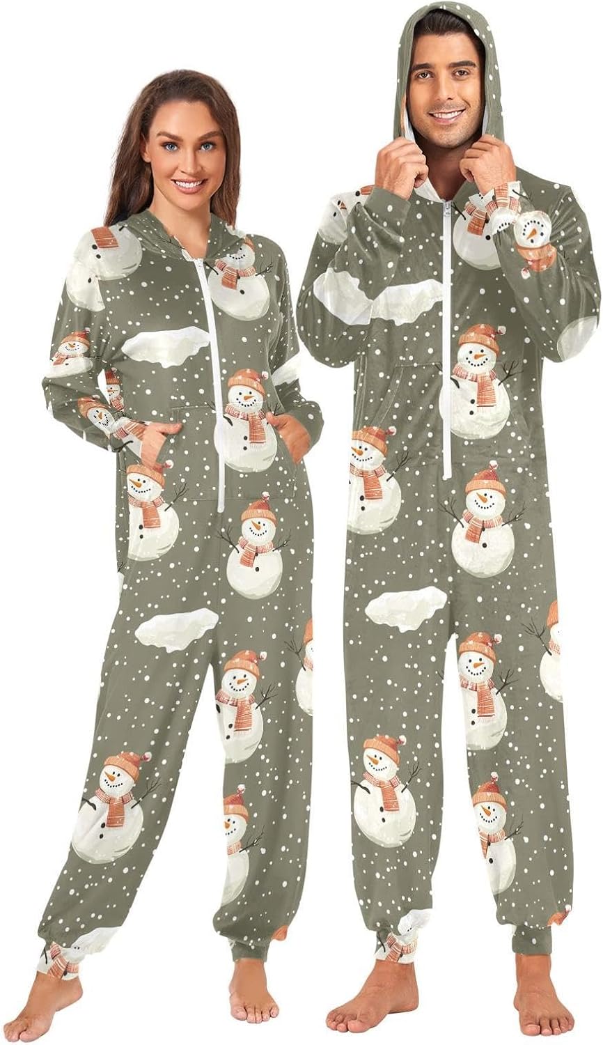 ZZKKO Winter Snowy Snowman Adult Onesie Pajamas for Women Men Cozy One Piece Pajamas Costume Zip-Up Hooded S-XL
