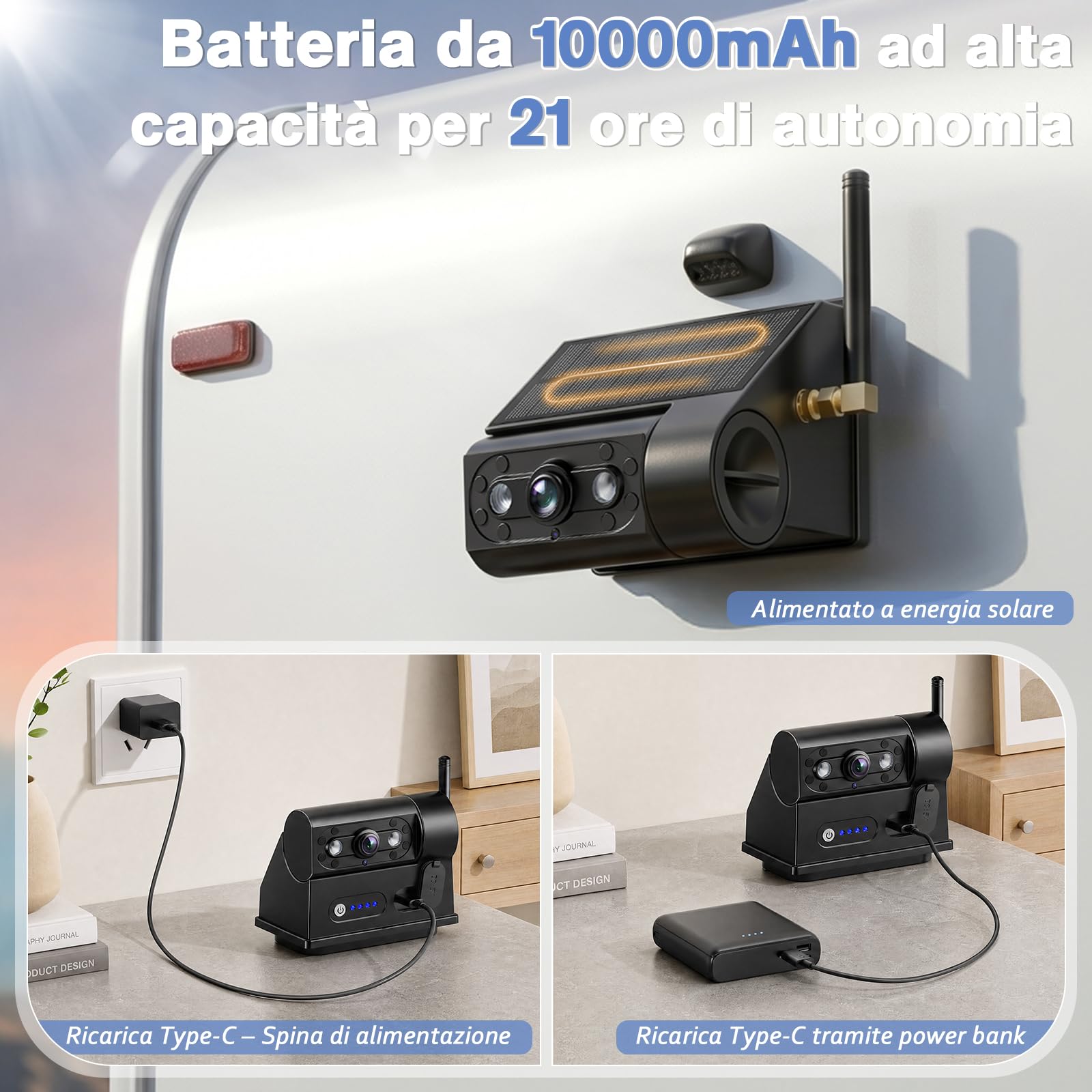 Telecamera Retromarcia Solare Wireless 10000mAh, Monitor 7" IPS con DVR, Portata Lunga, Montaggio Magnetico, 1080P HD Visione Notturna, IP67 per Camper Furgone Camion(VS-7G)