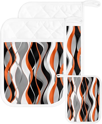 Juego de 2 soportes para ollas con bolsillo para cocina, almohadillas calientes de aislamiento térmico, juego de 2, moderno blanco Moire geométrico,