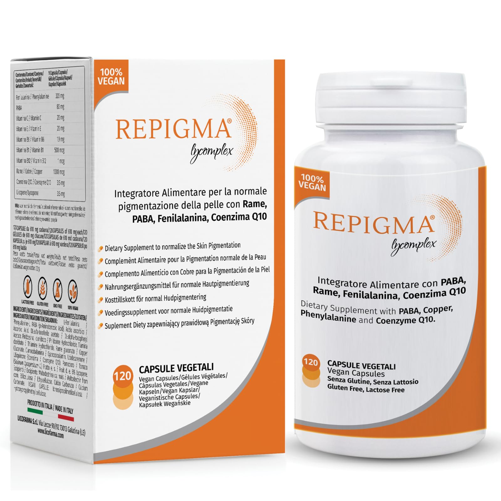 Repigma Lycomplex - Complemento alimenticio útil en el tratamiento del vitíligo y de las manchas blancas de la piel - Envase de 120 cápsulas