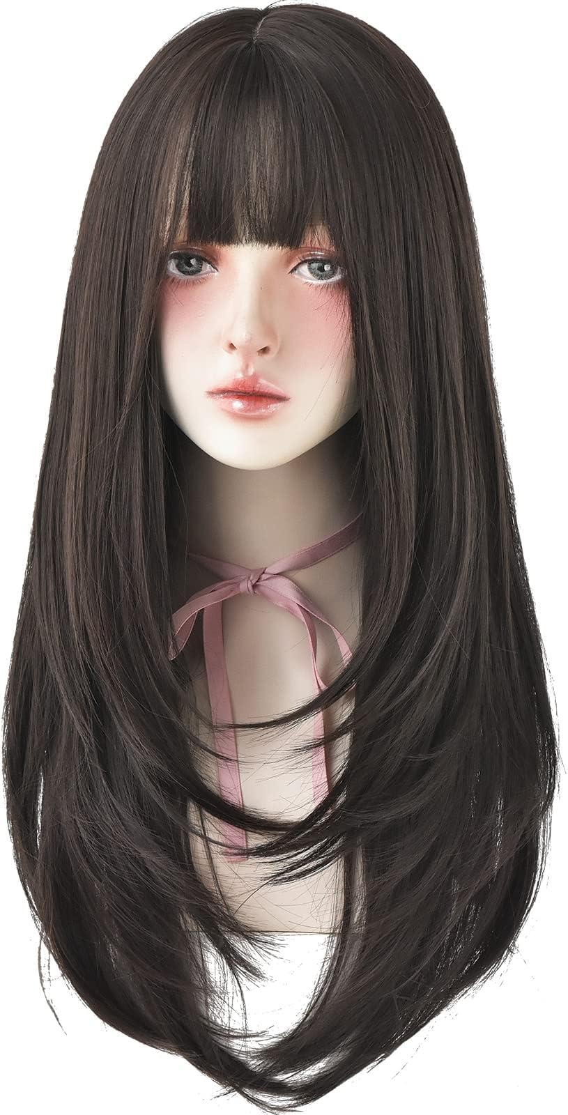 7JHH WIGS Hair Dye Wig for Women Synthetic Hair Natural Long Straight Wig With Bangs (22inch, Black tea)
