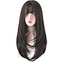 Vista 10 de 7JHH WIGS - Peluca de 20 pulgadas de cabello largo y liso con flequillo y corte en capas, tinte natural con cola de cabello marrón y raíces
