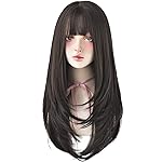 7JHH WIGS Hair Dye Wig for Women Synthetic Hair Natural Long Straight Wig With Bangs (22inch, Black tea)