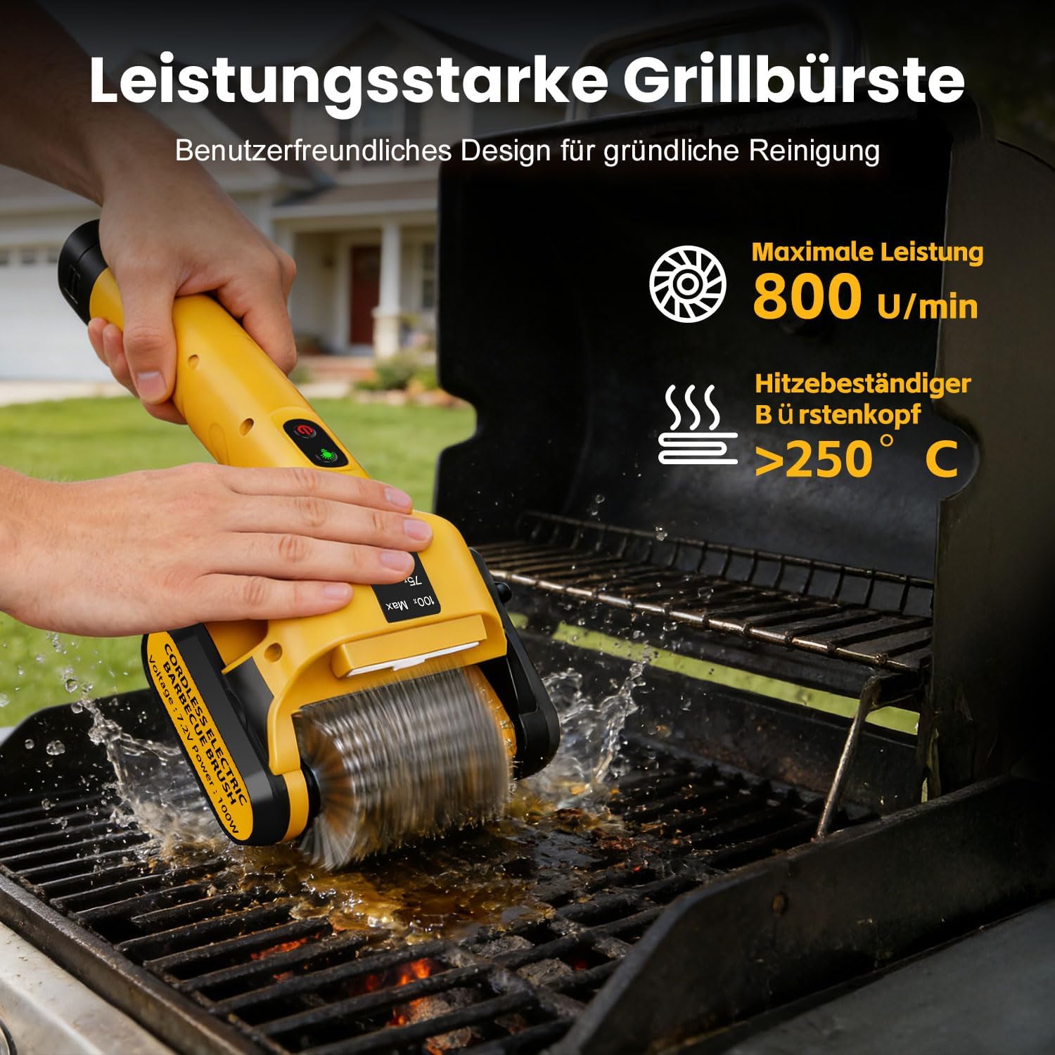 qimedo Elektrische Grillbürste BBQ Reiniger mit LED-Licht, 350 Min Laufzeit, Kabellos Grillreiniger Grill Reinigungsbürste mit 3 Stufen, für BBQ, Gussrost, Gasgrill, Elektrogrill