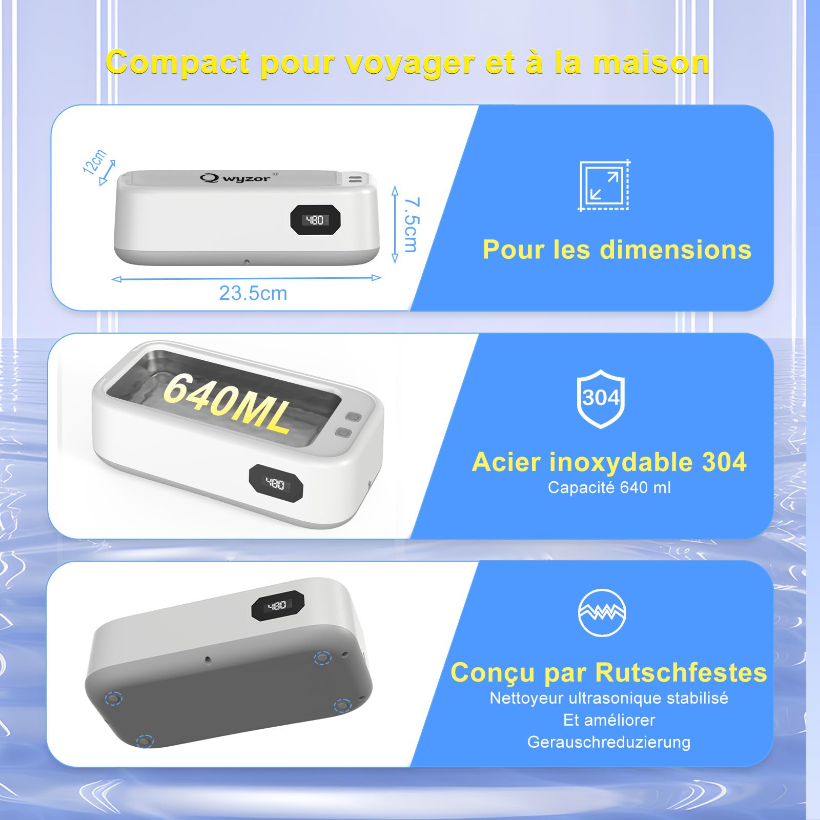 Nettoyeur Ultrasons, 640ml Bac a Ultrason, 49000Hz ultrasonic cleaner avec Écran Numérique, 5 Modes de Nettoyeur Ultrason Bijoux pour Lunettes, Dentiers, Montres, Collier, Monnaie (Bleu) (White)
