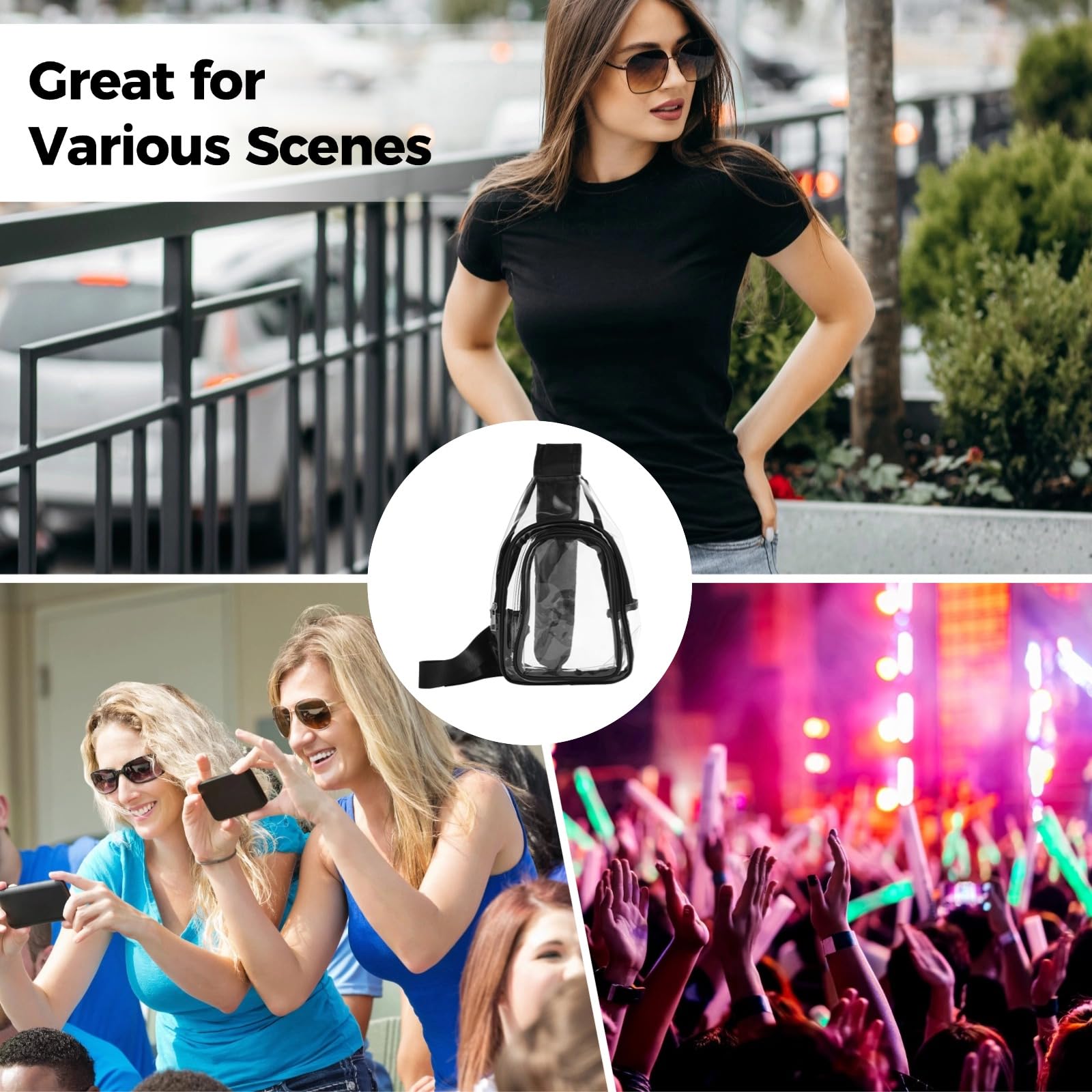 Durchsichtige Tasche für Stadion-Events, Transparente Umhängetasche für Stadionbesuche, Chic Klarsicht-Tasche für Damen und Herren, Wasserfeste PVC-Tasche mit Reißverschluss für Konzerte und
