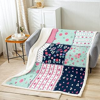 Rose Floral Throw Blanket Geometric Plaid Patchwork Blankets for Kids Girls Teens Women Room Decor Colorful Botanical Fleece Blanket Spring Garden Boho Fuzzy Blanket,for Chair/Sofa,40