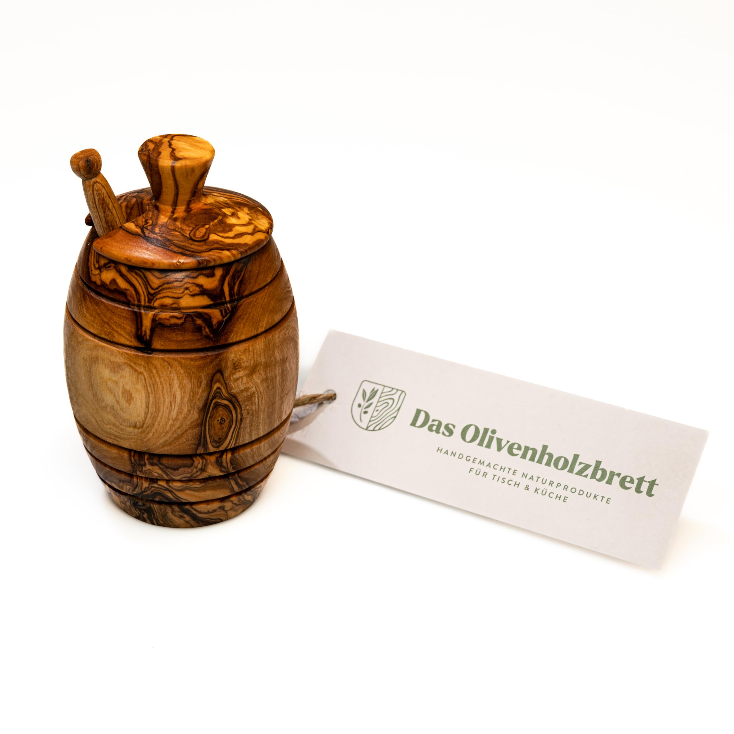 Honeypot with Lid Made of Olive Wood Incl. Honey Spoon - 12cm