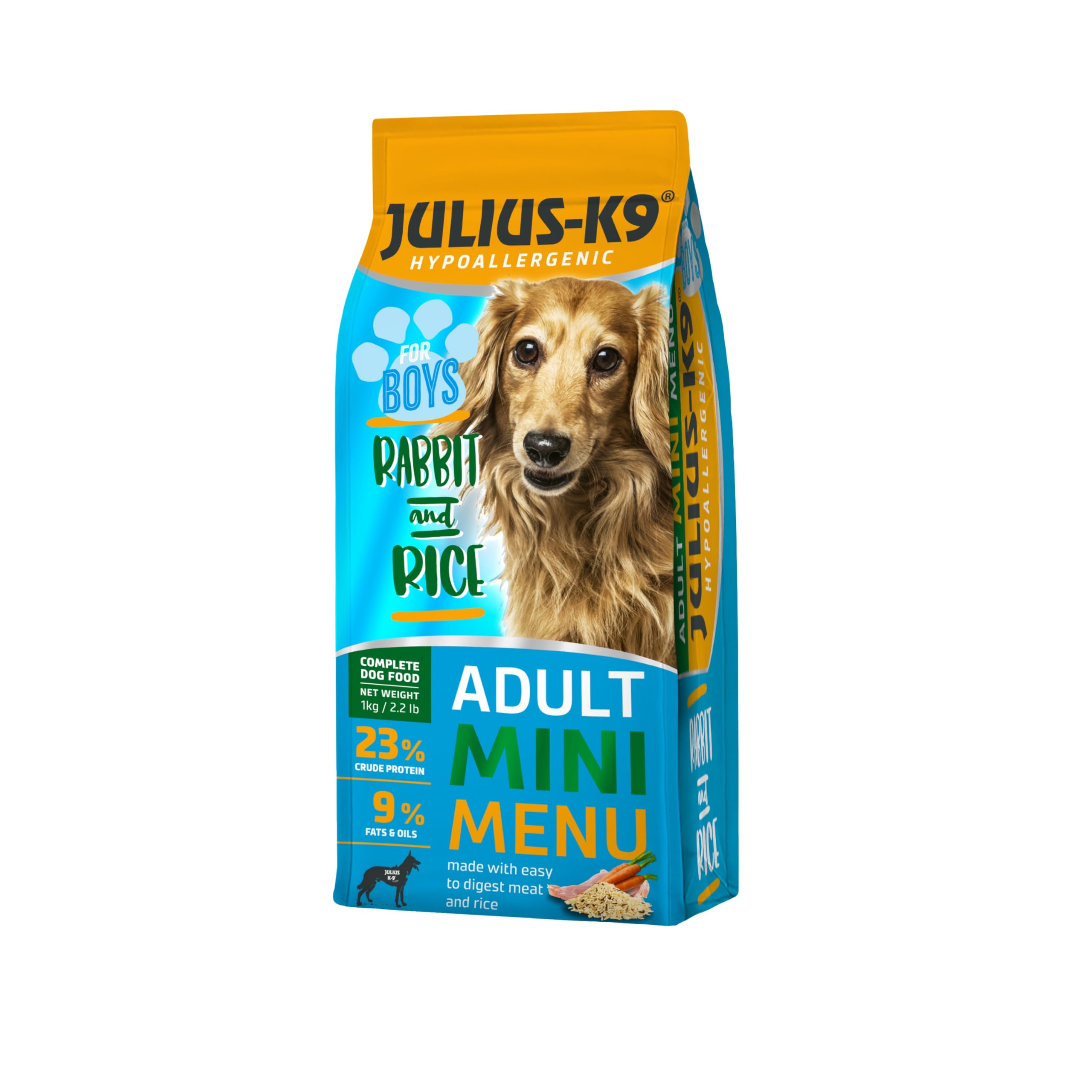 JULIUS-K9 Adult Hypoallergenic Dry Dog Food with Rabbit & Rice 1 kg – Complete Balanced Nutrition for Adult Male Dogs – Chicken-free, High Protein, Skin &Coat protection - For Small and Medium Dogs