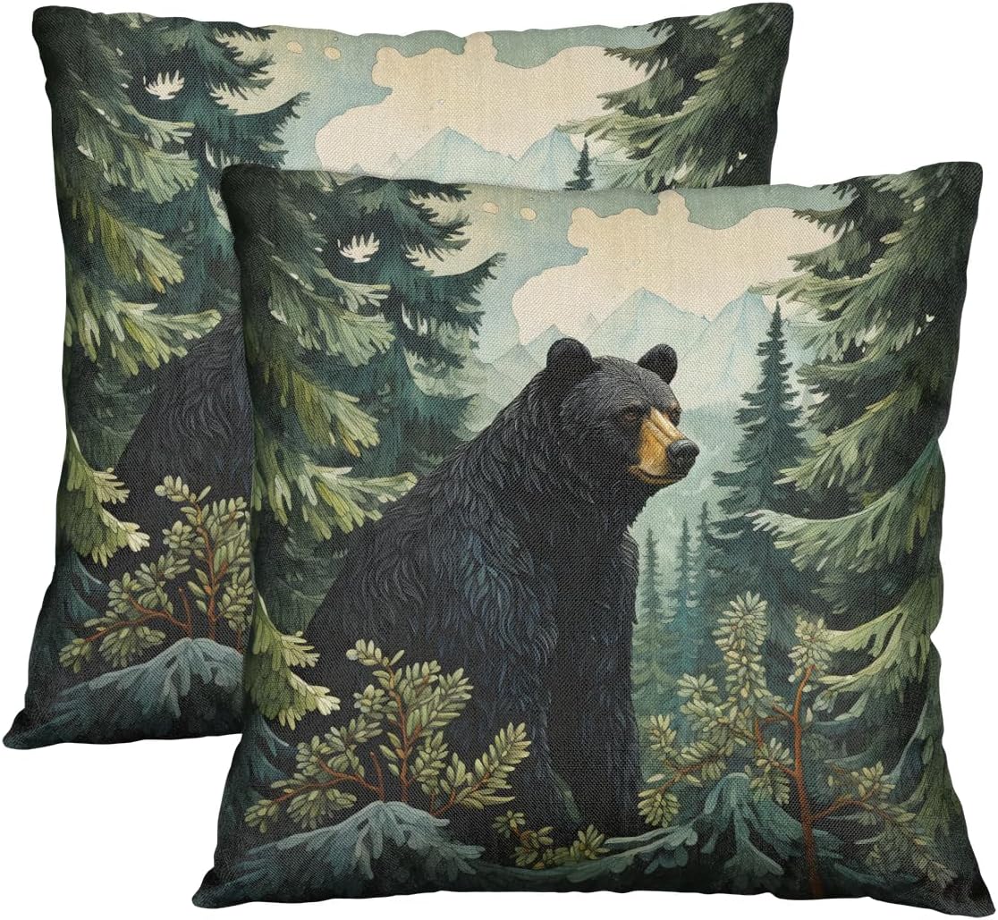 Black Bear Forest Wild Animals Pillow Covers 16 x 16 Inch Set of 2, Throw Pillow Covers Set Cushion Case Decorative Square Linen Pillowcases for Sofa Bed Couch Living Room Car
