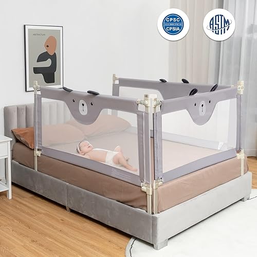Miniatura 2 de BABY JOY Riel de cama para niños pequeños, 57 pulgadas, extra largo, altura ajustable y plegable, protector de riel de cama de bebé con malla
