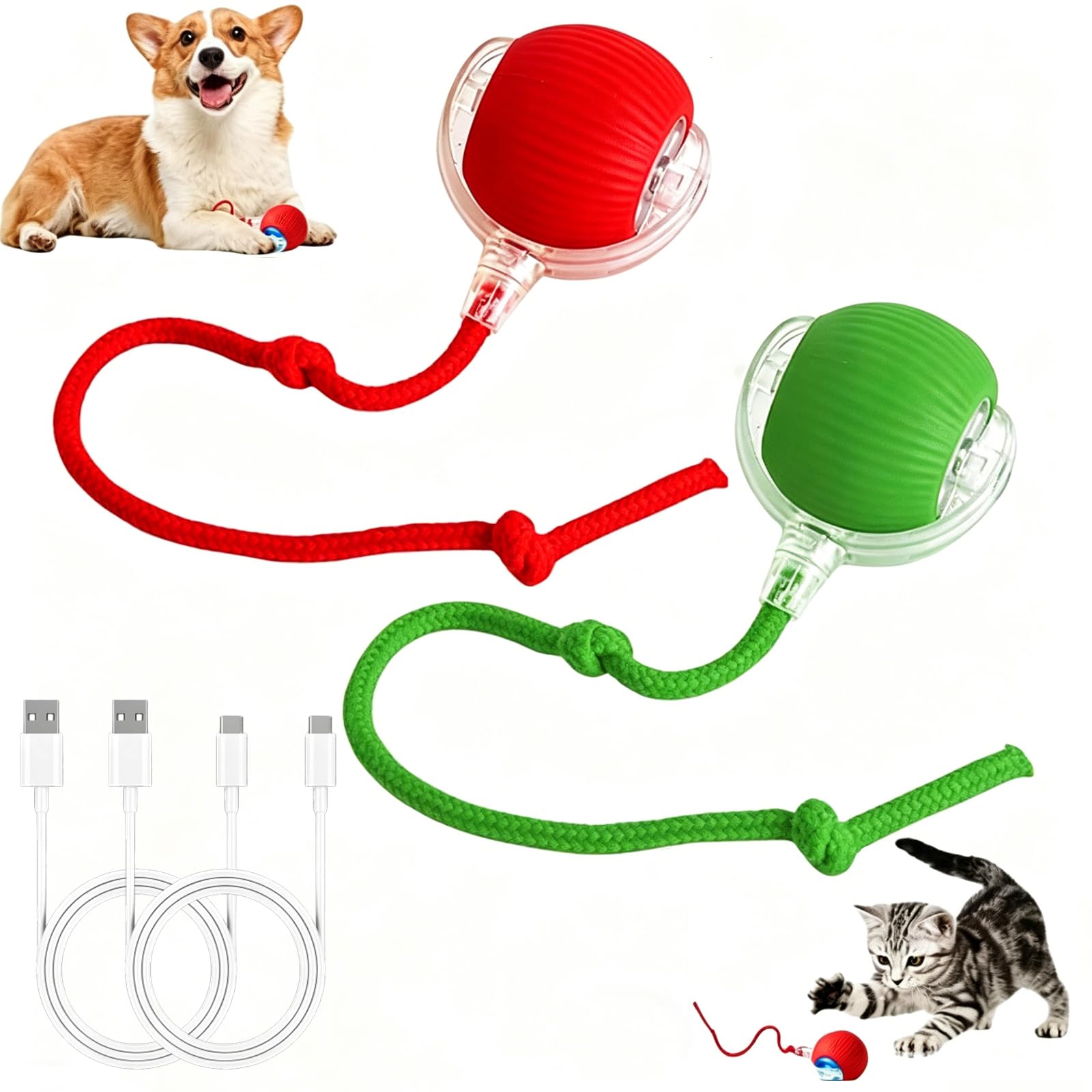 CeruleTree 2 PCS Interactive Cat Ball Toy, 360° Smart Active Rolling Ball with Tail for Cats Dogs, USB Rechargeable 3 Speeds Moving Pet Toy for Boredom Relief & Exercise (Red & Green)