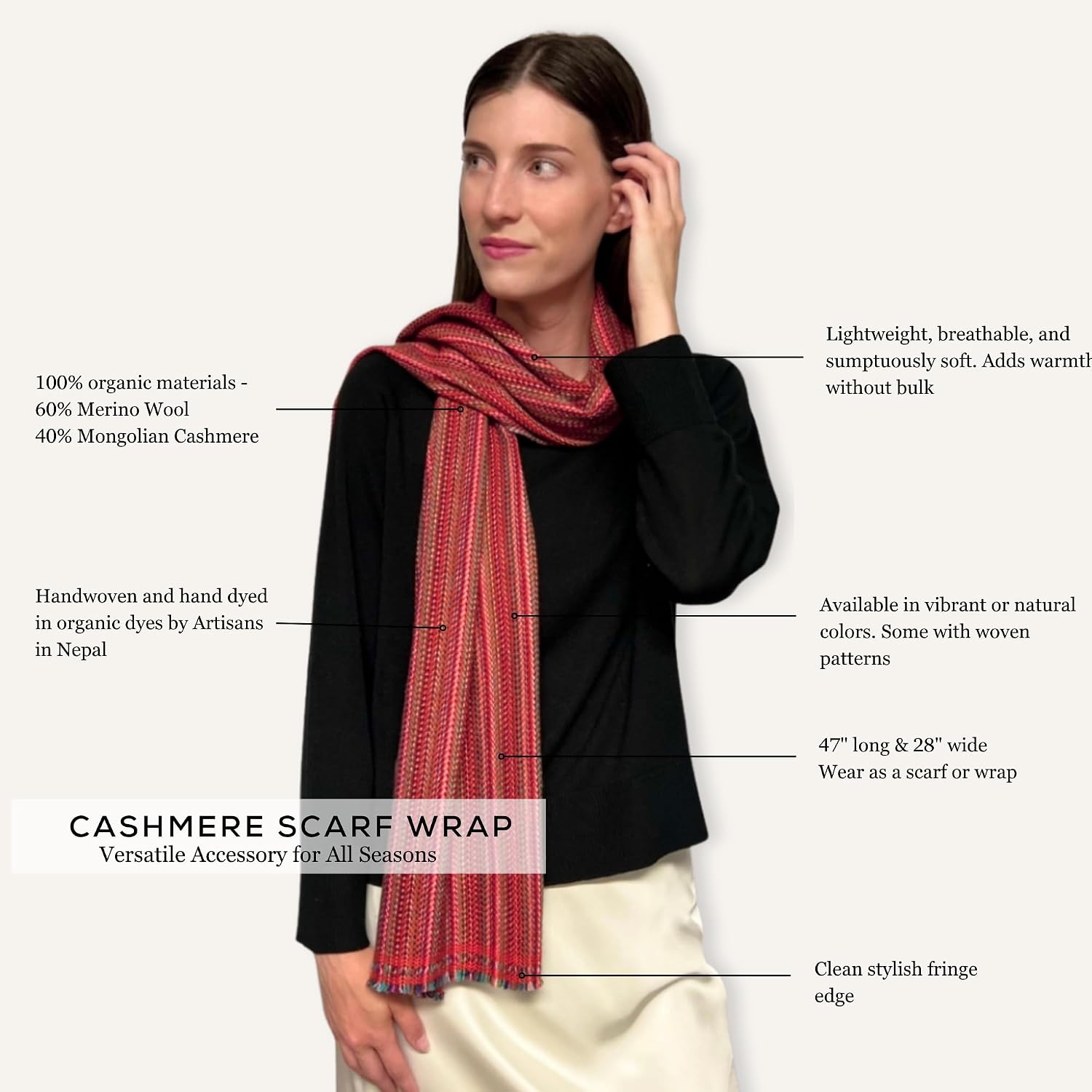 Humble Hilo Cashmere and Merino Wool Scarf, Classic Weave Lightweight Winter Shawl or Wrap for Women and Men
