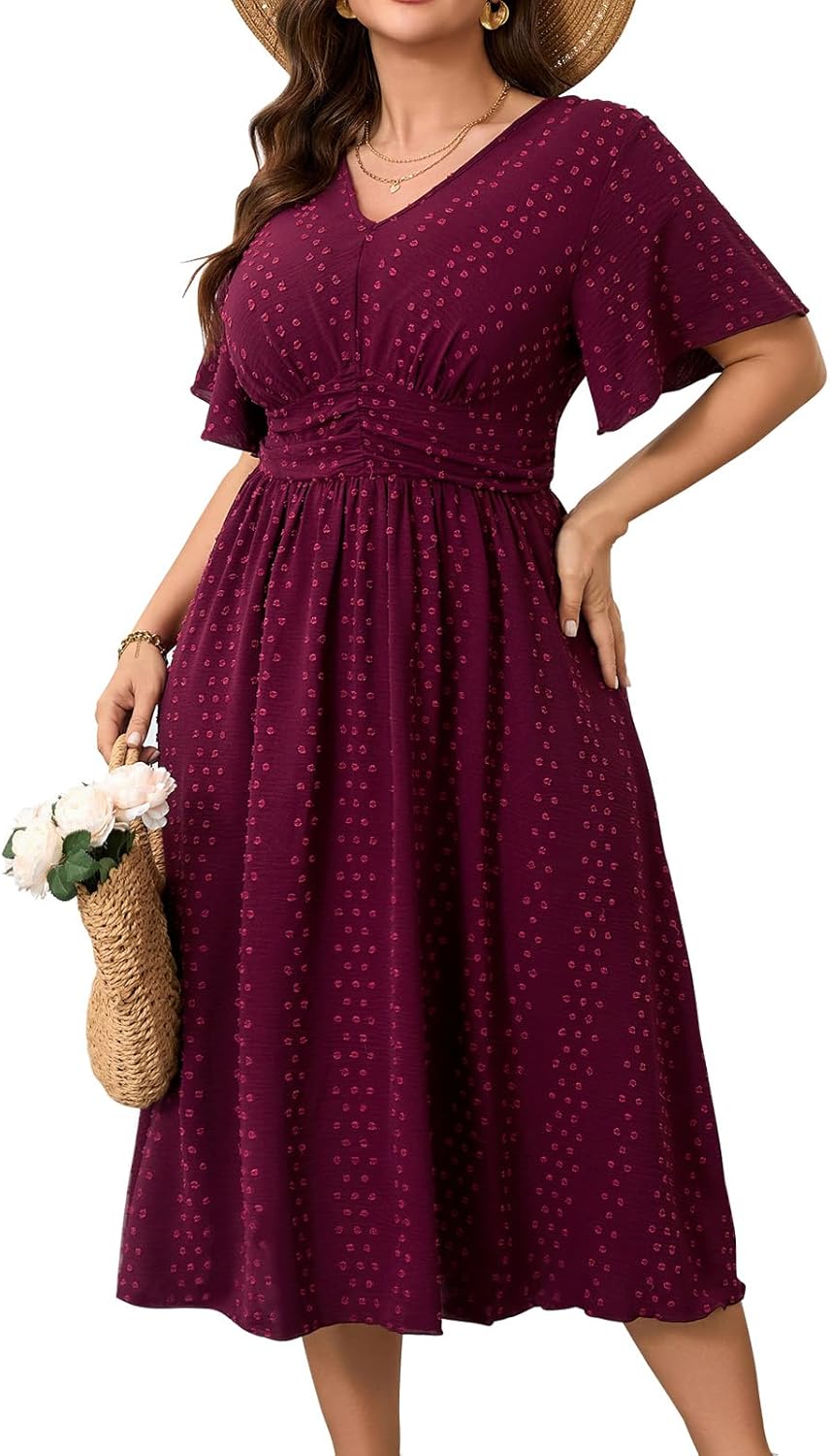 RWJ Women's Plus Size Maxi Dress V Neck Short Sleeve Swiss Dot A Line High Waist Boho Swing Casual Summer Dresses