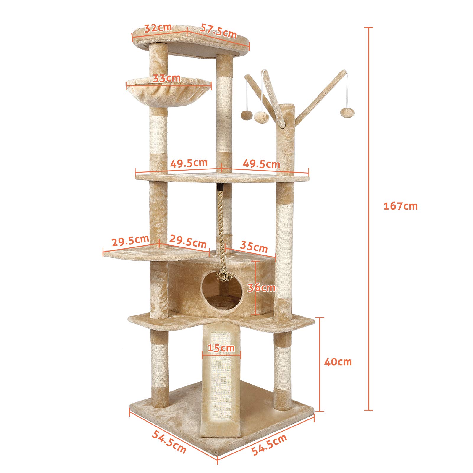 Meerveil Kattenboom kattentoren 167 cm voor grote katten, kattenklimboom met kattenactiviteitenplatformen, 3 pompons, 1 appartementen, mand en sisal krabpalen, beige Meerveil Kattenboom kattentoren 167 cm voor grote katten, kattenklimboom met kattenactiviteitenplatformen, 3 pompons, 1 appartementen, mand en sisal krabpalen, beige