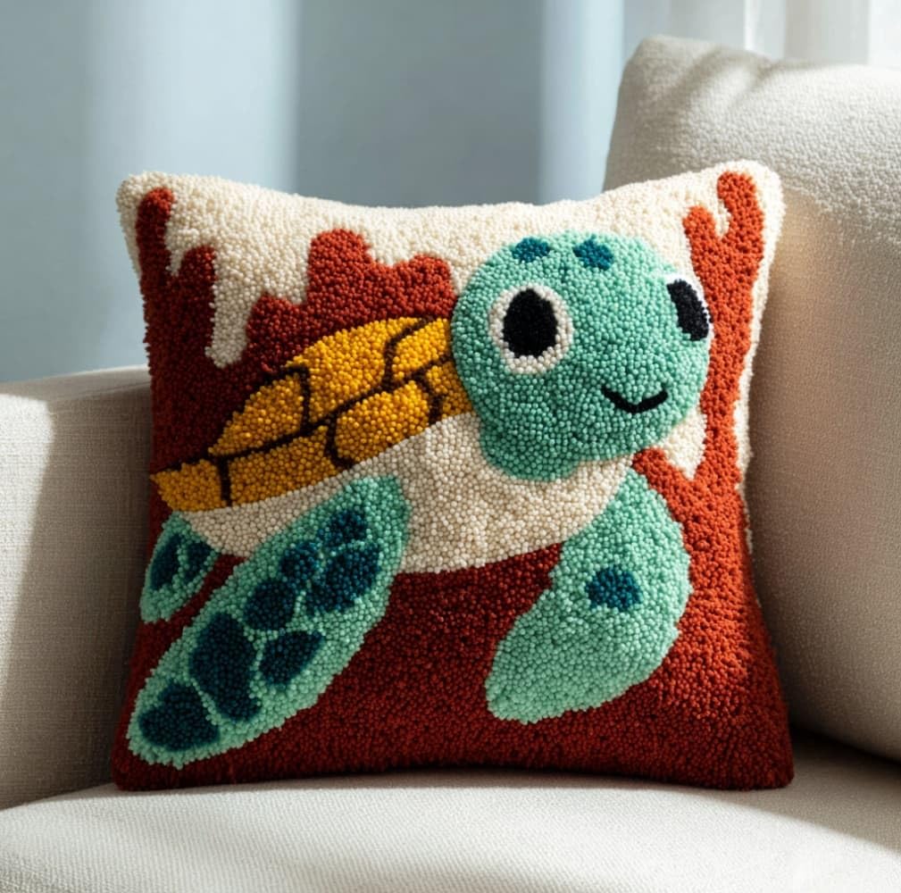 Henypt DIY Latch Hook Cushion Kit,Cartoon Turtle 43x43cm Decorative Pillow Cover Craft Set,DIY Craft Set Perfect for Living Room & Gifting