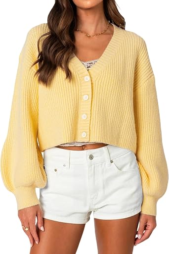 OZICERD Fall Chunky Knit Cropped Cardigan Sweaters for Women Cozy V Neck Button Open Front Light Short Cardigan Oversized