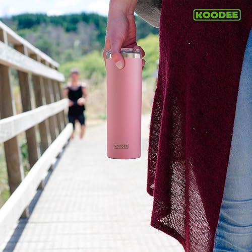 Miniatura 7 de koodee Vaso delgado de acero inoxidable de 20 onzas con aislamiento de doble pared, vaso para agua delgado con tapas y popote (rosa)