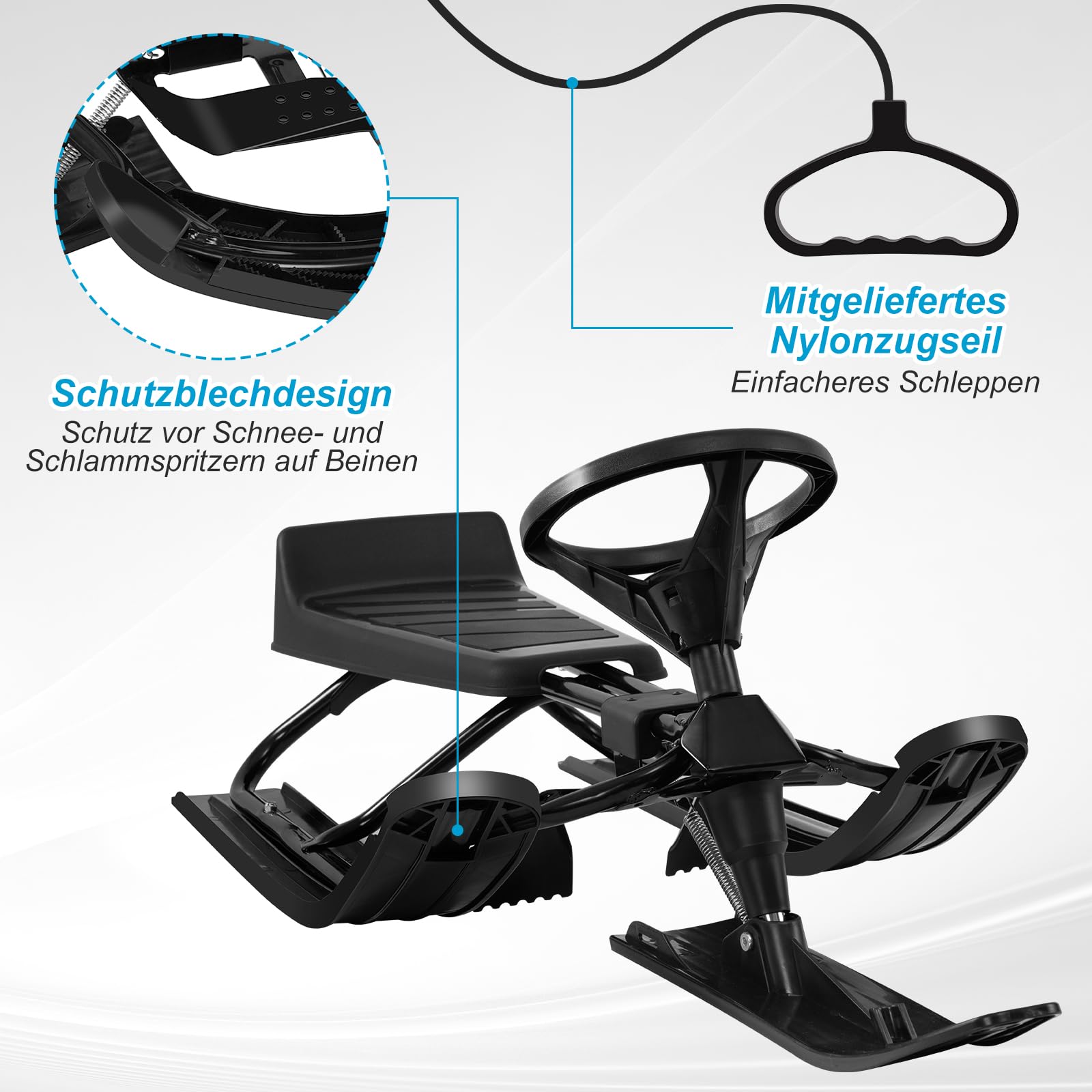 Laneetal Trineo de Dirección con Volante, Esquí Infantil con Asiento y Cuerda de Remolque, Estructura de Metal, Trineos para Niños y Jóvenes, Trineo de Patín con Resorte de Suspensión, Freno de Pie