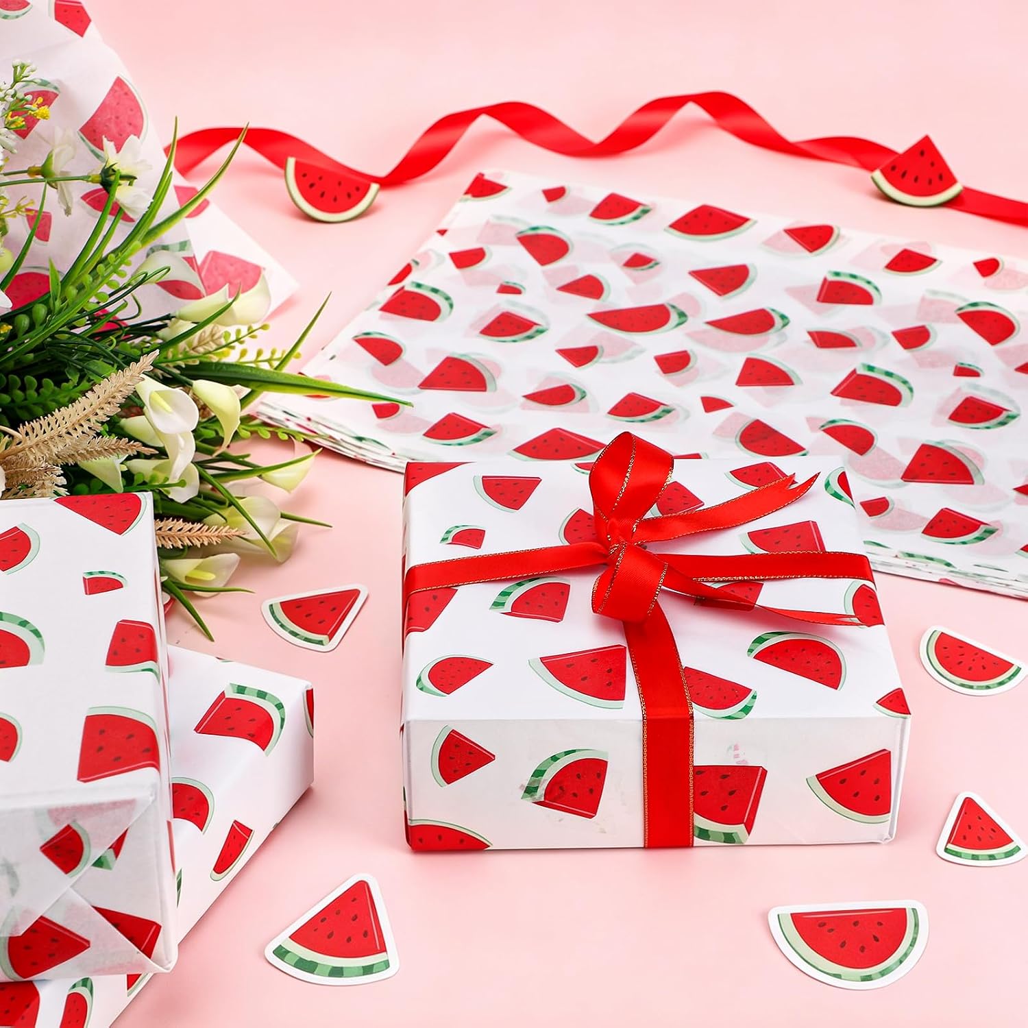 60 Sheets Watermelon Print Tissue Paper, 14×20" Watercolor Watermelon Patterns Gift Wrapping Paper for Summer DIY Crafts Fruit-Themed Party Supplies (Red)