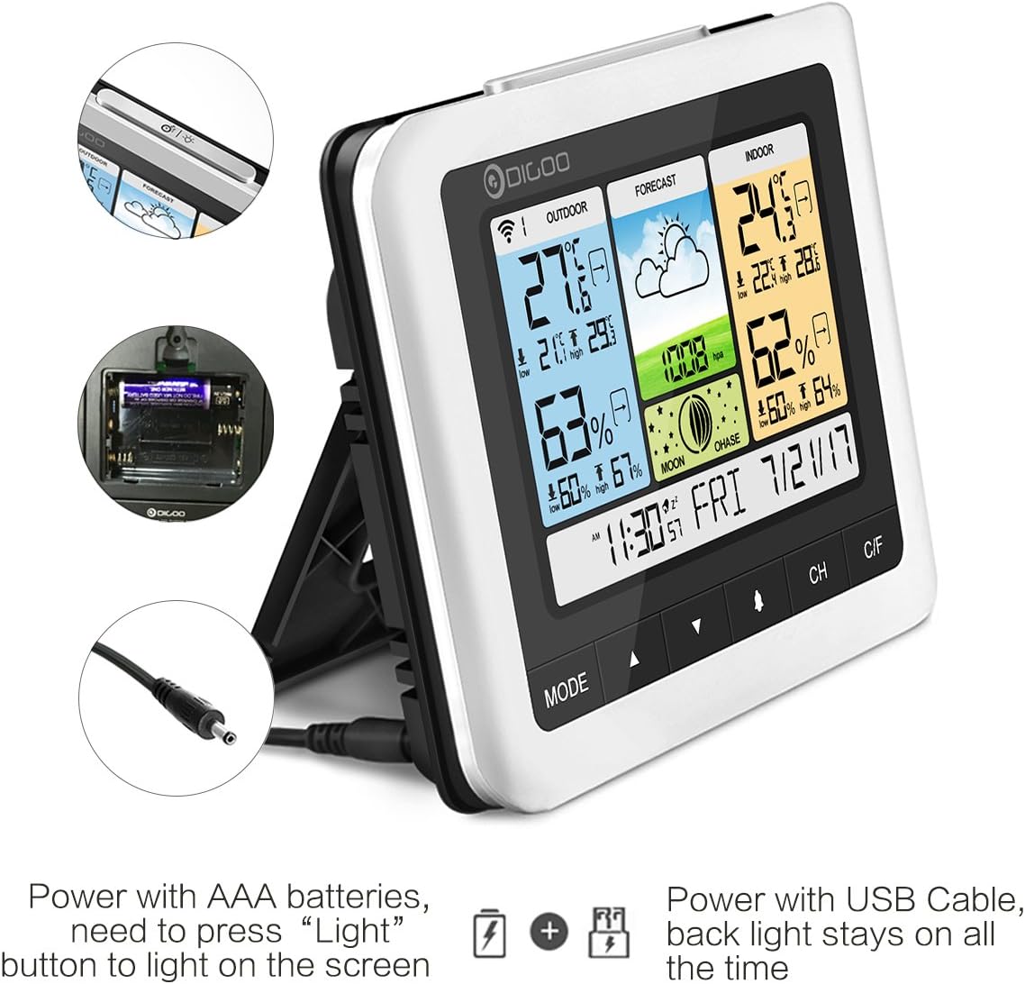 Powering the DIGOO DG-TH8888 Weather Station with AAA batteries or USB cable.