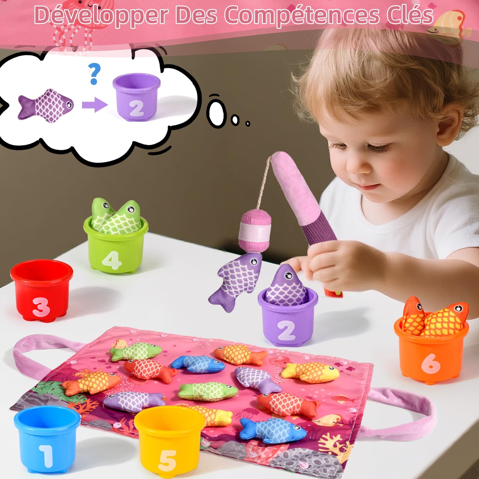 Jouet Fille 1 an, Jeux Montessori Pêche a la Ligne pour Enfant 6 9 12 18 Mois, Apprendre Les Couleurs avec Jouets,Fille Garçon Jouet Bebe 6 Mois Pink Cadeau pour Enfant 1 2 3 Ans