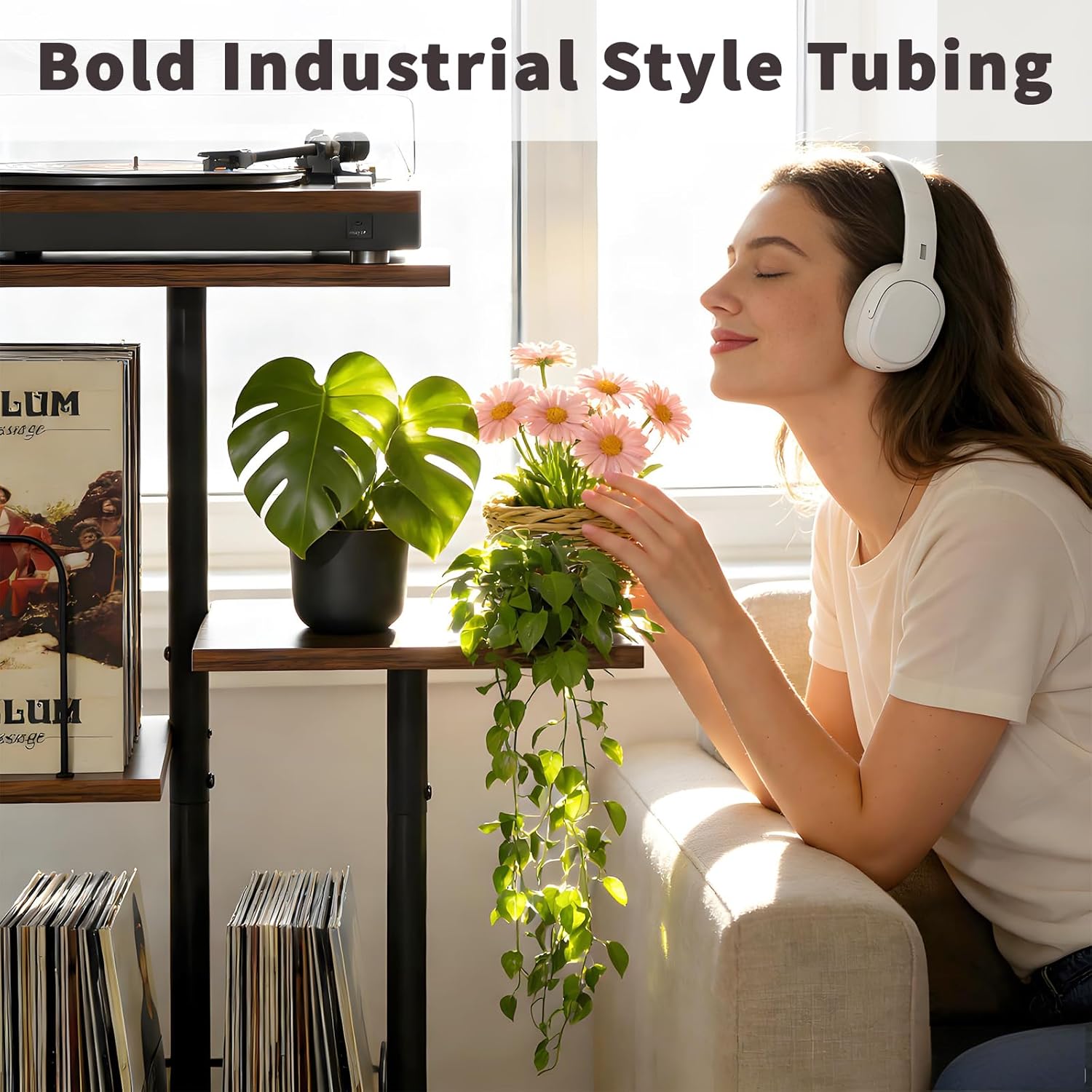Bikoney Botanical Record Player Stand,Vinyl Record Storage Holder with Plant Stand, Vintage Turntable Stand Table with Record Album Display Shelf,Unique Record Console Cabinet,Mid Century Modern Wood
