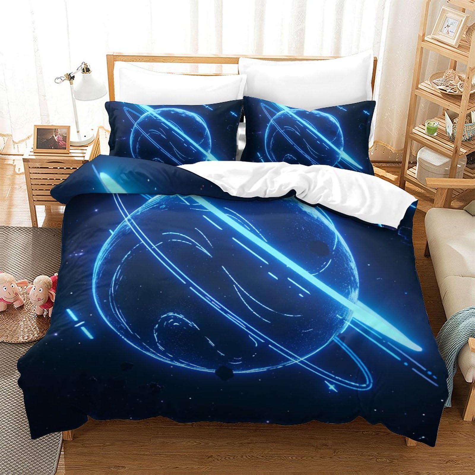Housses De Couettes Antistress Planète Bleue en Microfibre Douce pour Sommeil Profond