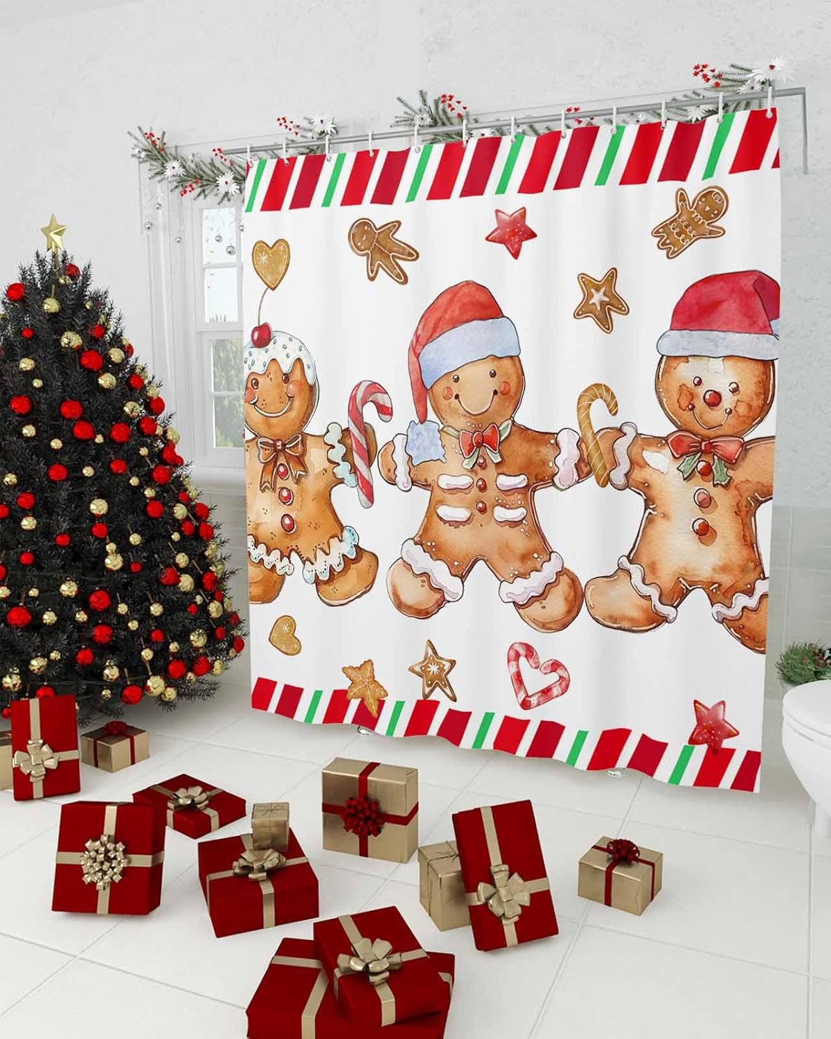 Christmas Shower Curtain Christmas Gingerbread Man Candy Xmas Waterproof Shower Curtain with Hooks Washable Fabric Shower Curtains for Bathroom, Hotel, Stalls, Bathtubs, 72x96 Inch