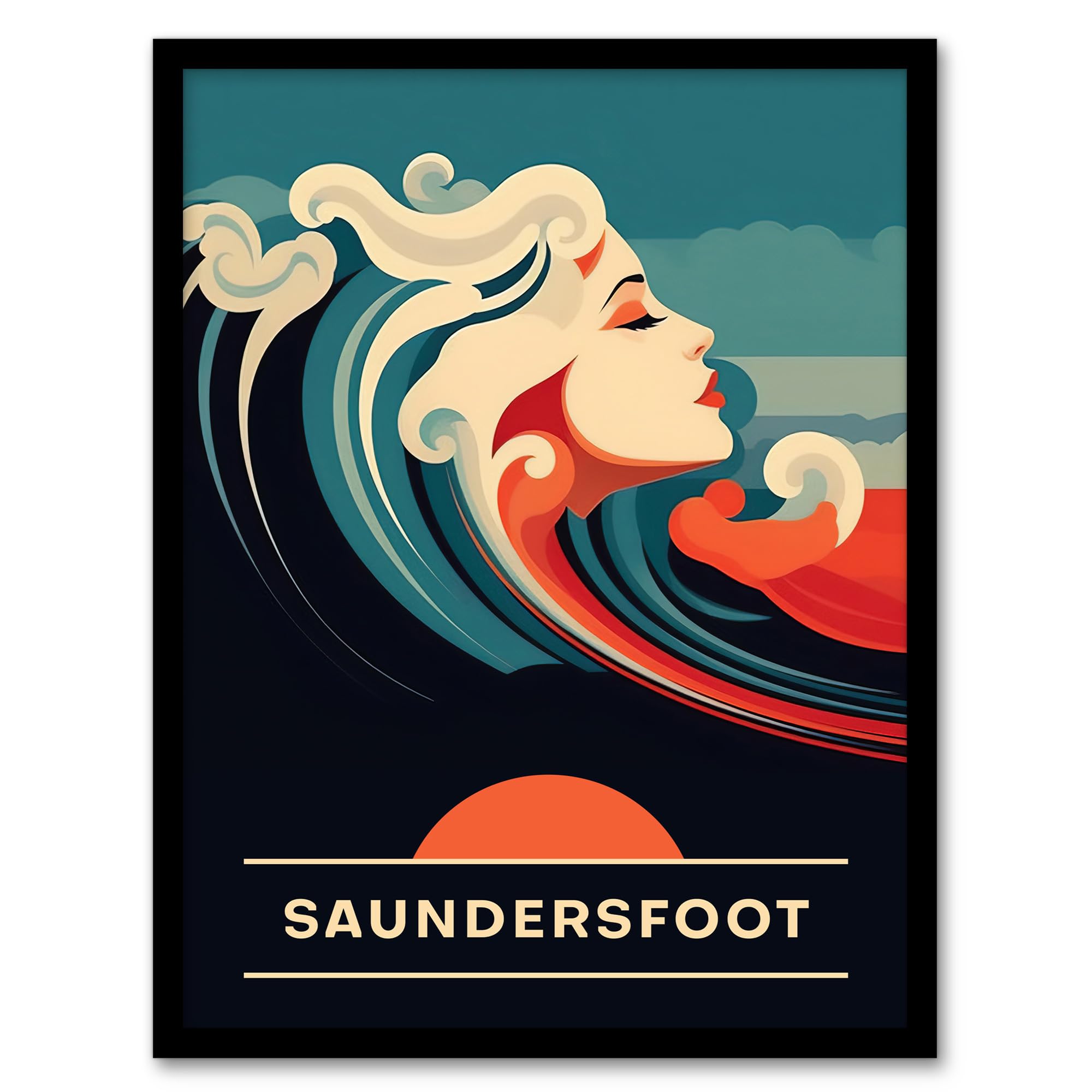 Artery8 The Seaside Calls Saundersfoot Beach Wales UK Sunset Woman of the Waves Sea Siren Ocean Artwork Framed Wall Art Print 18X24 Inch