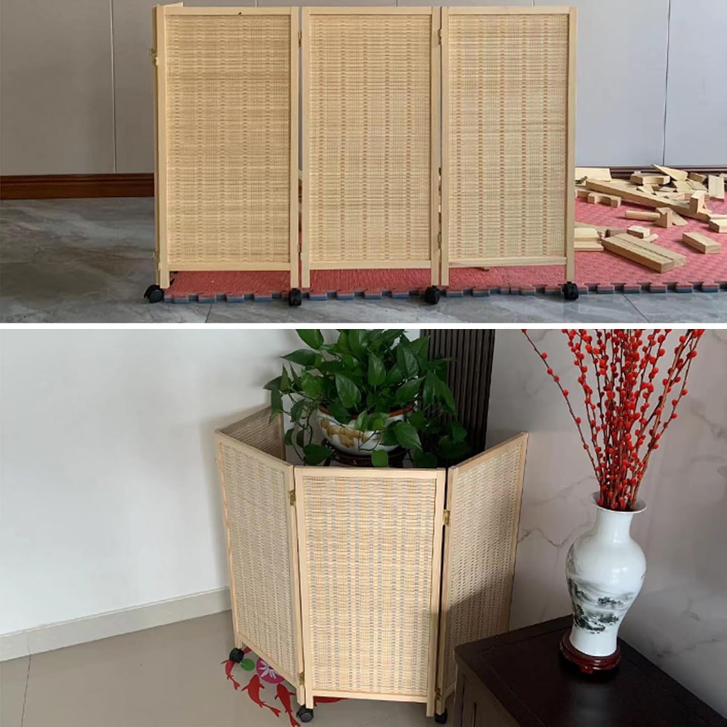 3/4/5/6/7/8パネルショートパーティションスクリーン、竹編みルームディバイダー、折りたたみ式仮設壁、幼稚園の寝室スタジオ用(