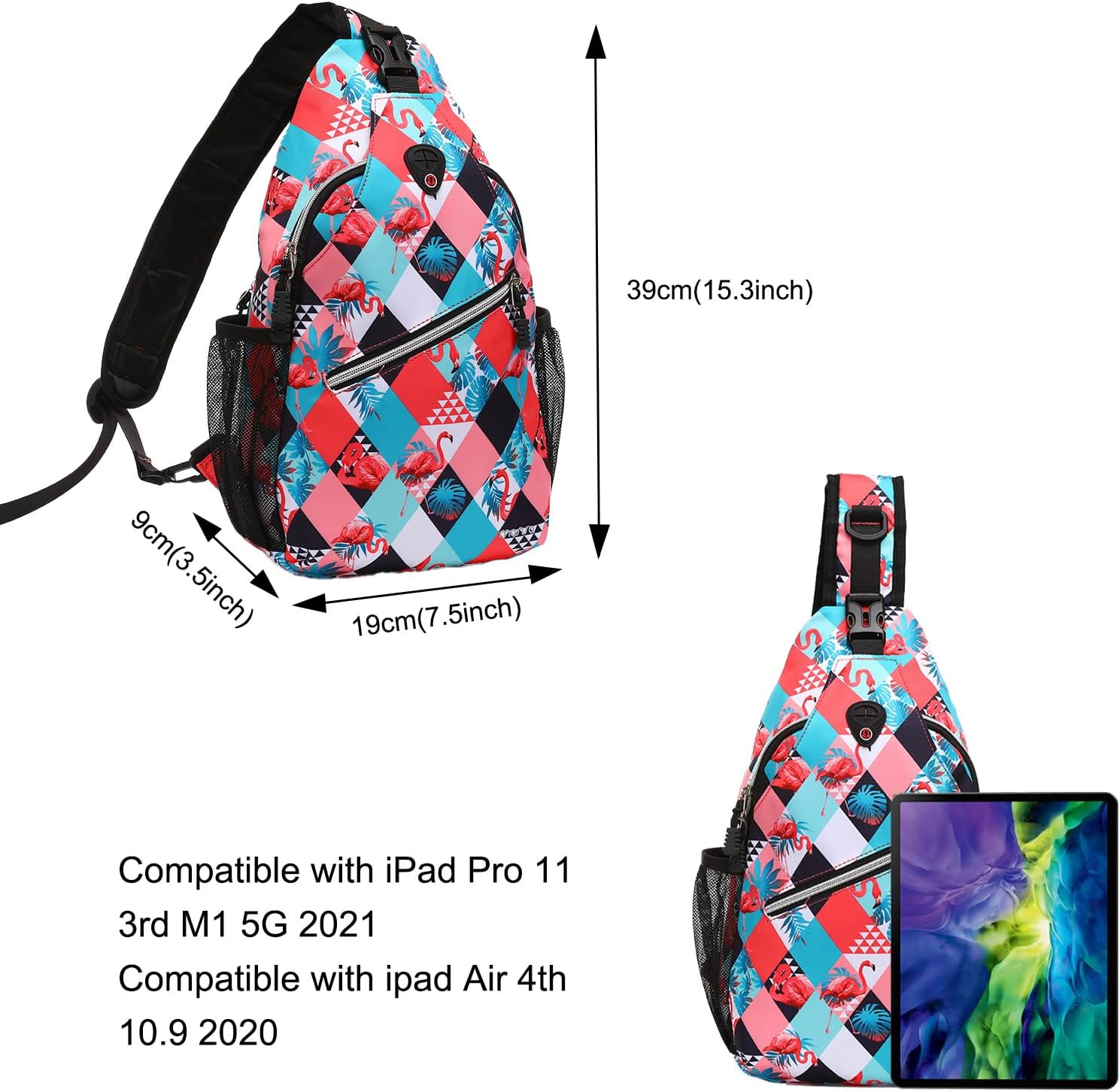 MOSISO Crossbody Sling Backpack, Portable Travel Hiking Daypack Chest Sling Bag Casual Daypack One Strap Chest Backpack for Women Men Outdoor Hiking Travel, Flamingo&Rhombic Grid - Image 3